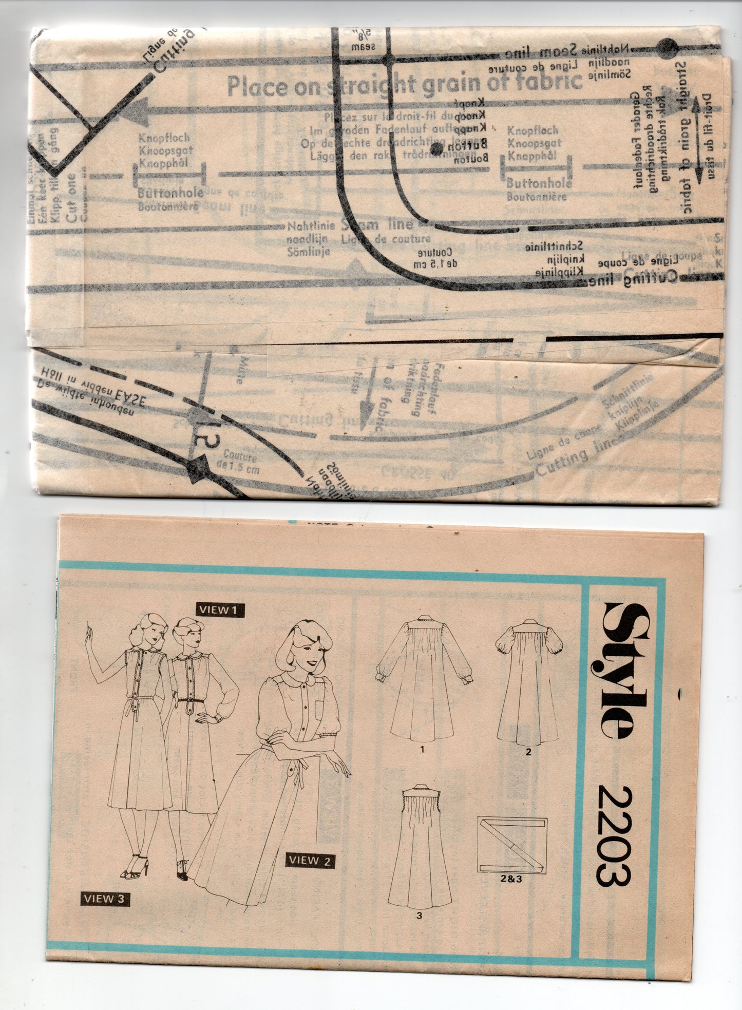 Patrón de costura vintage de los años 70 para vestido de mujer con hombros fruncidos y mangas abullonadas, estilo 2203, talla 12 o 14