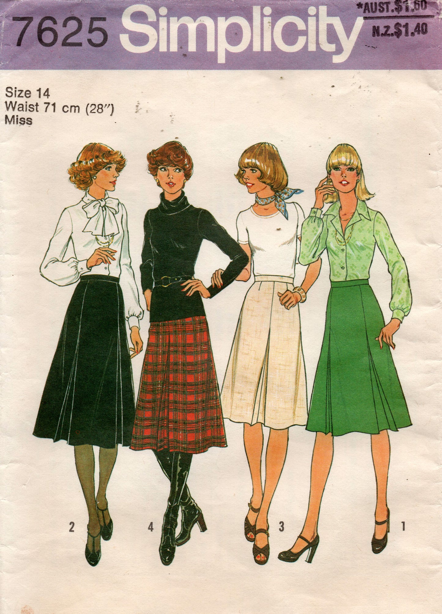 Patrón de costura de falda plisada clásica para mujer Simplicity 7625, estilo vintage de los años 70, talla 12 o 14, cintura 26,5 o 28 pulgadas