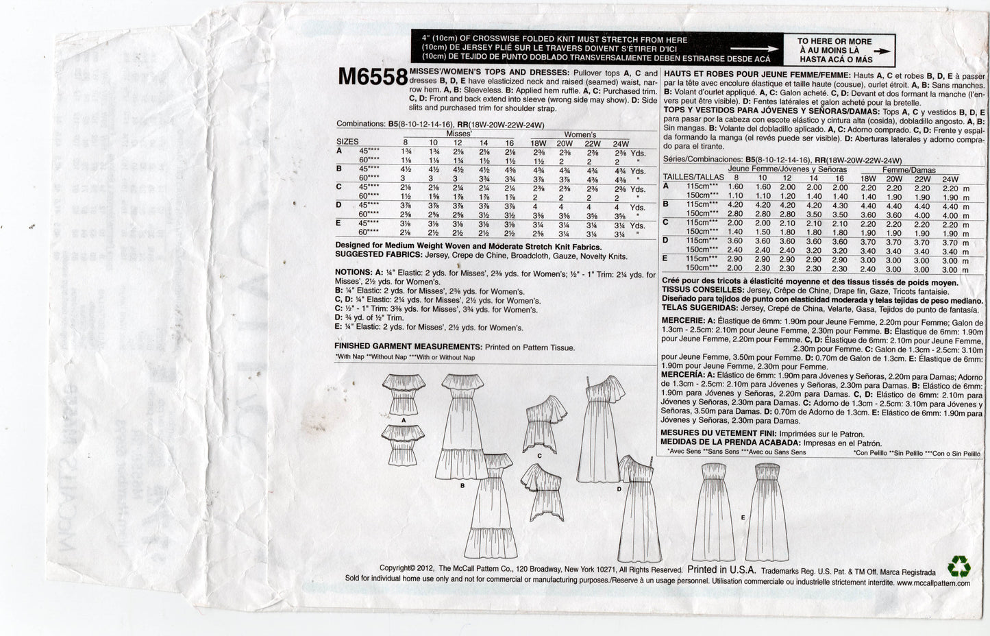 McCall's 6558 Womens EASY Wide Ruffled Peasant Tops & Dresses Out Of Print Sewing Pattern Size 18 - 24 UNCUT Factory Folded