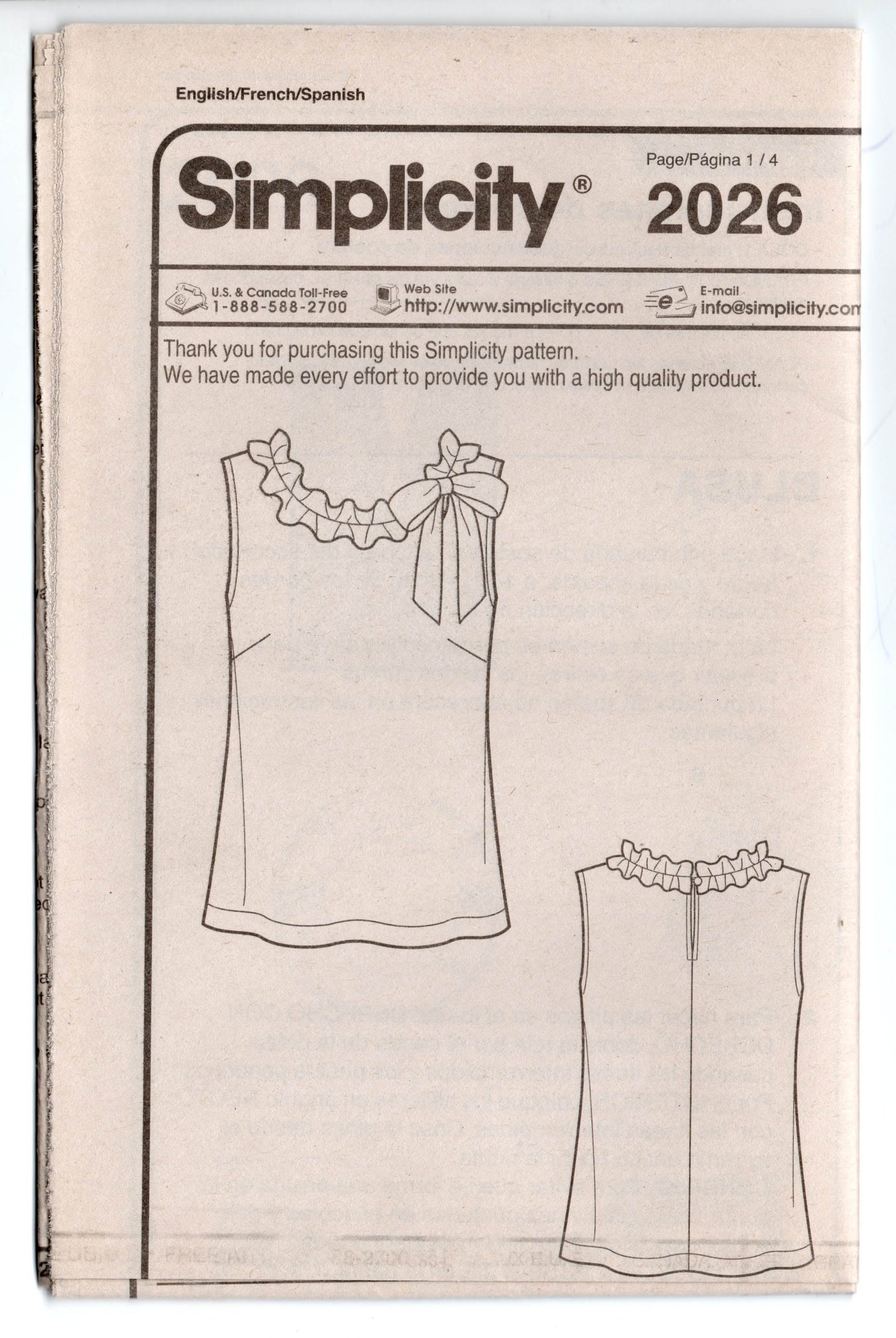 Simplicity 2026 Womens EASY Ruffled Sleeveless Pullover Tops Out Of Print Sewing Pattern Size 6 - 16 UNCUT Factory Folded
