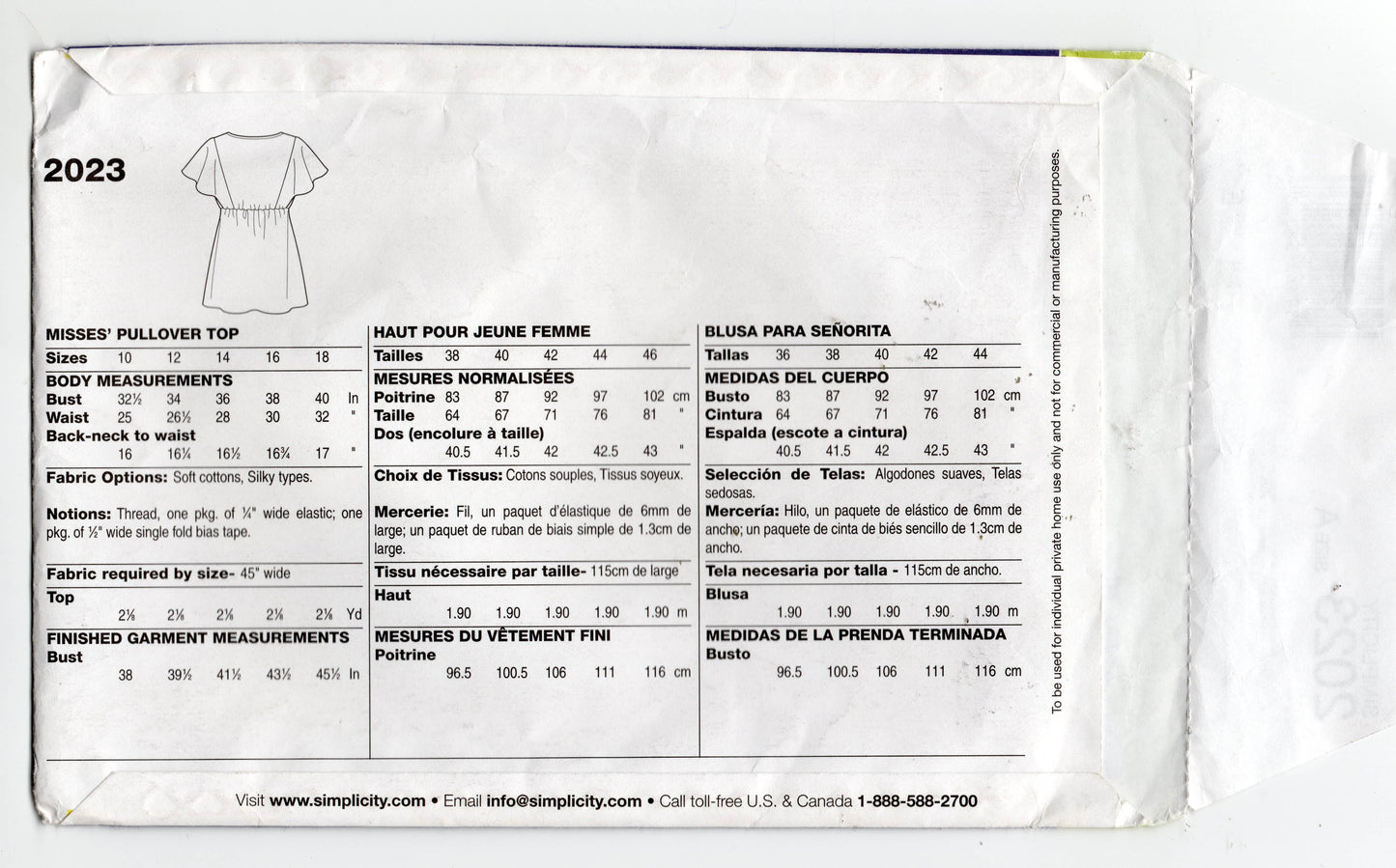 Patrón de costura de jersey con volantes para mujer Simplicity 2023, fácil de usar, agotado, talla 10-18, sin cortar, doblado de fábrica
