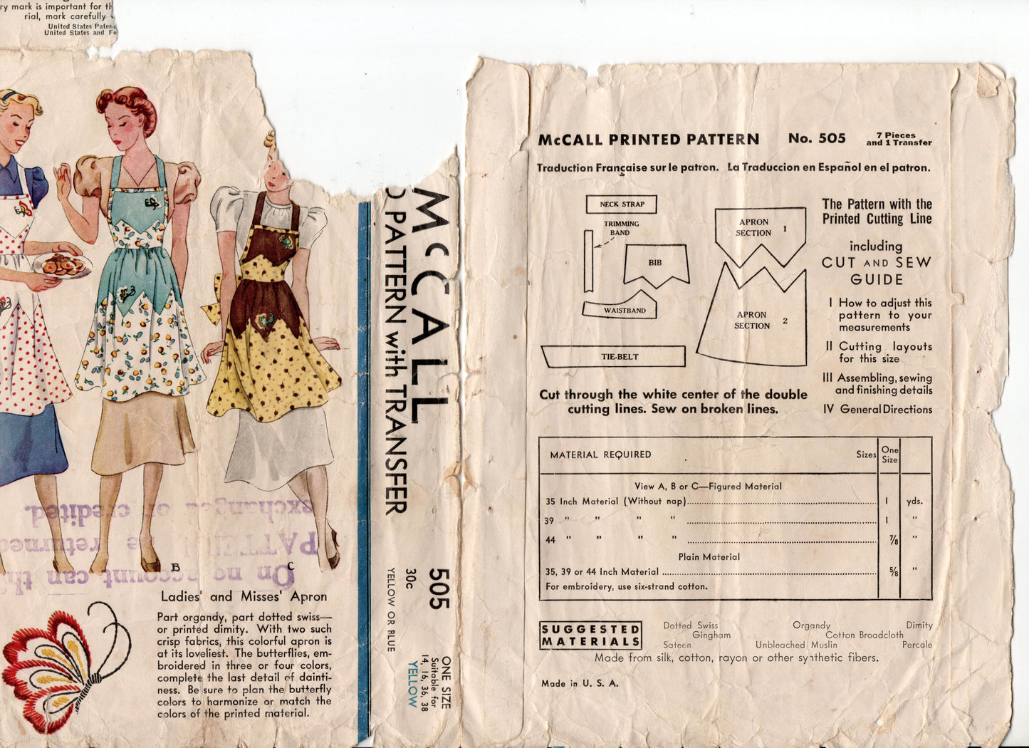 McCall 505 RARE Womens Zig Zag Colour Block Panelled Full Kitchen Aprons 1930s Vintage Sewing Pattern ONE SIZE
