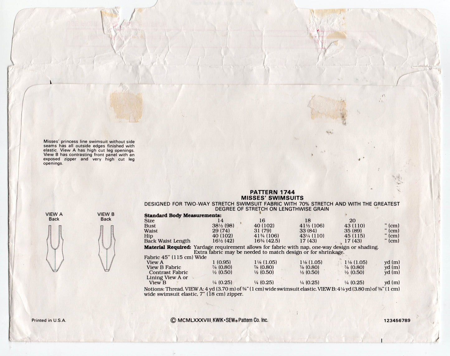 Patrón de costura vintage de los años 80 para trajes de baño de competición de corte alto para mujer Kwik Sew 1744, busto de 38 a 43 pulgadas, sin cortar, doblado de fábrica