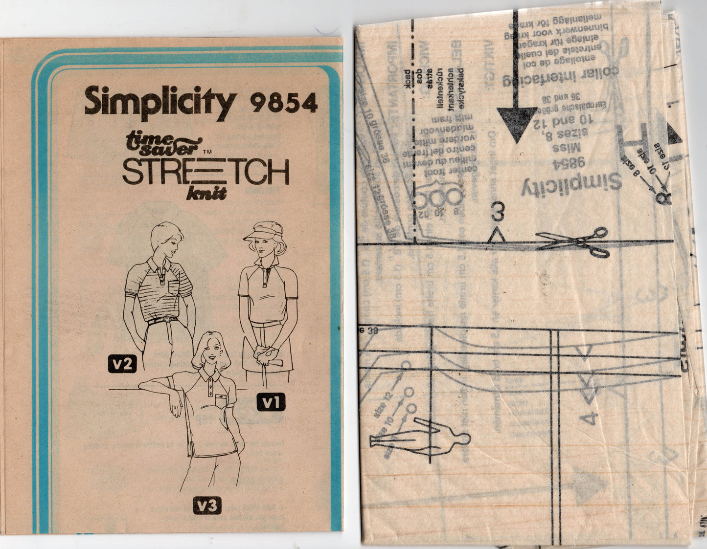 Simplicity 9854 Womens EASY Raglan Sleeved Stretch Tab Neck Shirts 1980s Vintage Sewing Pattern Size 8-12 or 12-16 UNCUT Factory Folded