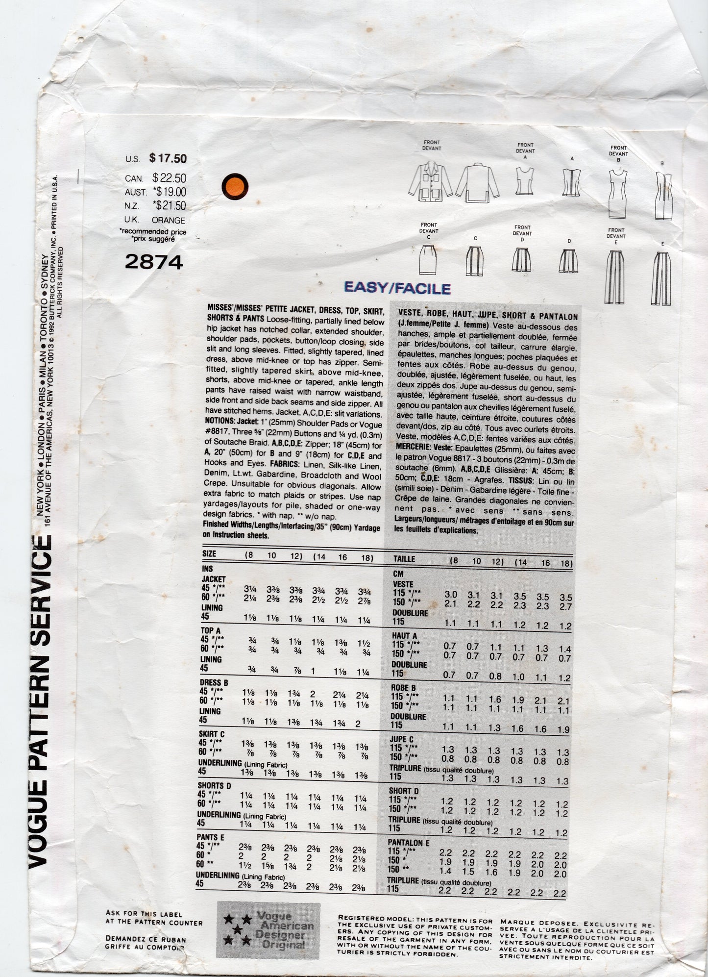 Patrón de costura vintage de los años 90, sin cortar, doblado de fábrica, para chaqueta, vestido, top y pantalones cortos o pantalones ajustados de cintura alta de TODD OLDHAM Vogue Attitudes 2874