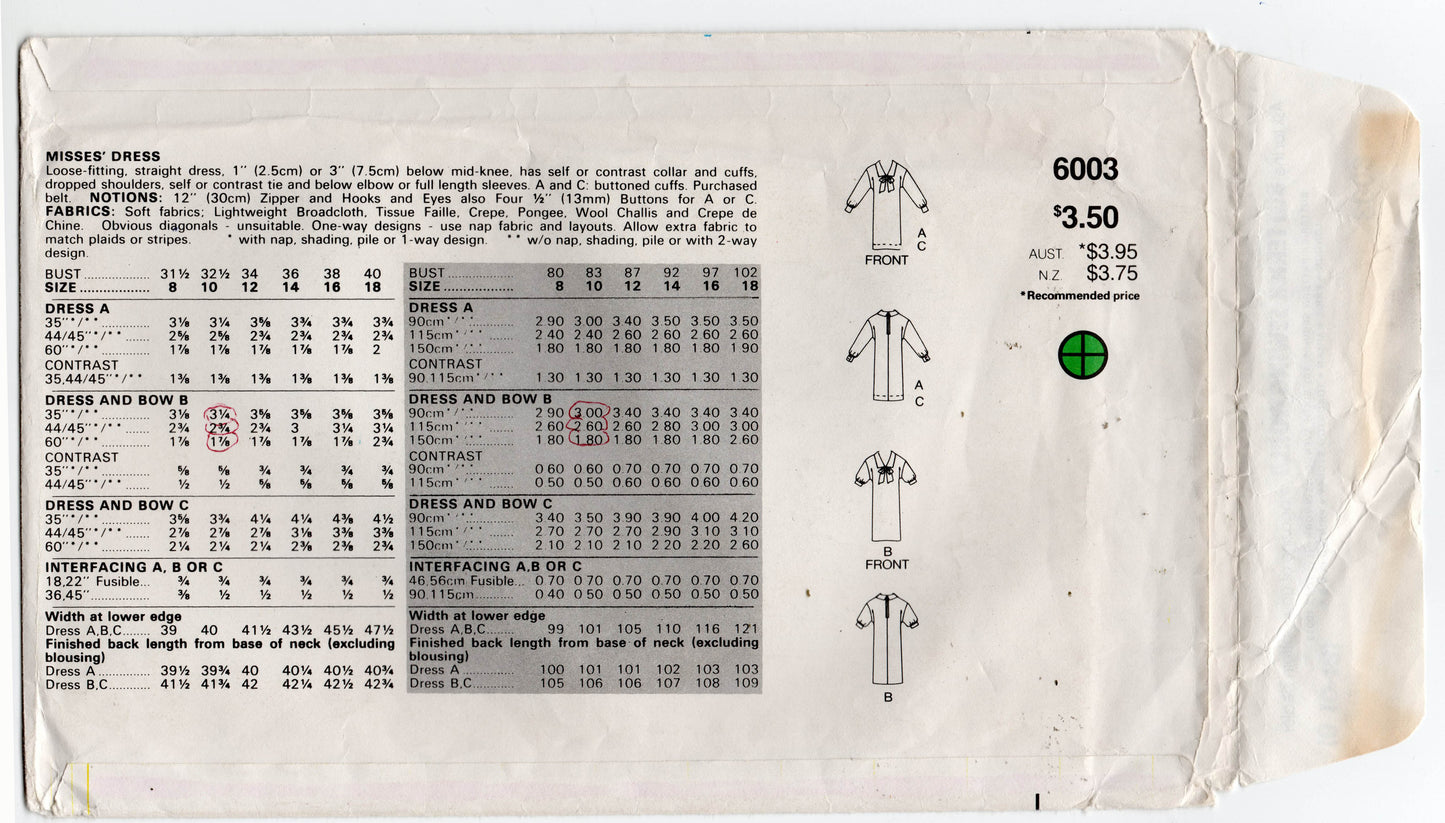 Patrón de costura vintage de los años 80 Butterick 6003 para vestido holgado con cuello y corbata, talla 8-12, doblado de fábrica, sin cortar