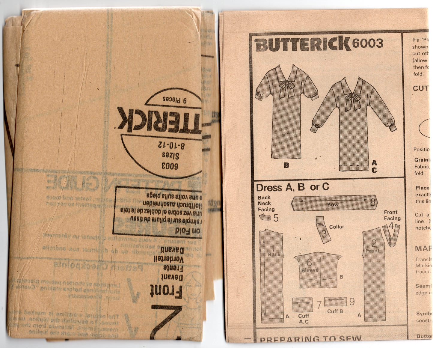 Patrón de costura vintage de los años 80 Butterick 6003 para vestido holgado con cuello y corbata, talla 8-12, doblado de fábrica, sin cortar