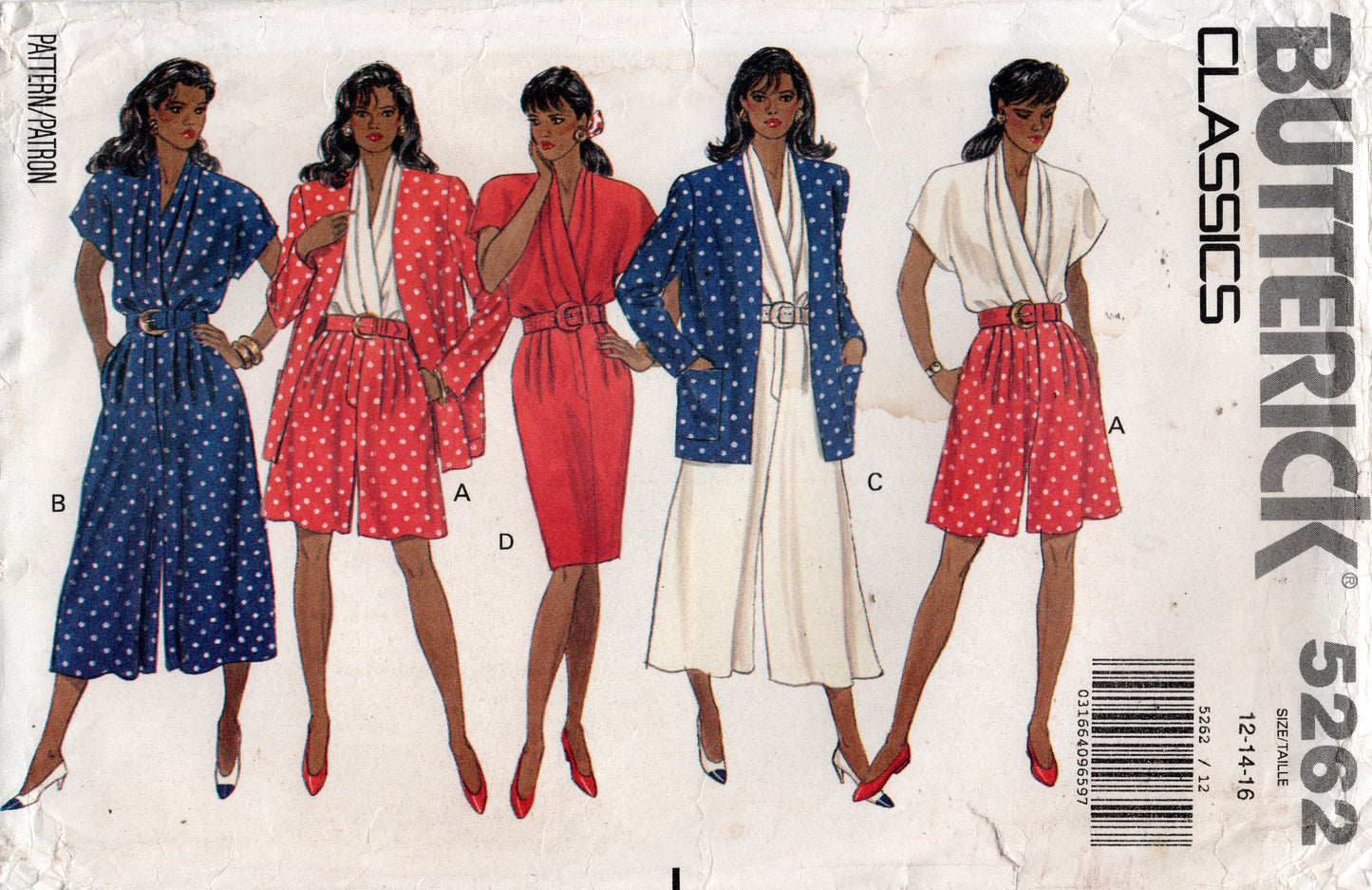 Patrón de costura vintage de los años 90 Butterick 5262 para vestido o mono con bloques de color y chaqueta, talla 12-16, sin cortar, doblado de fábrica