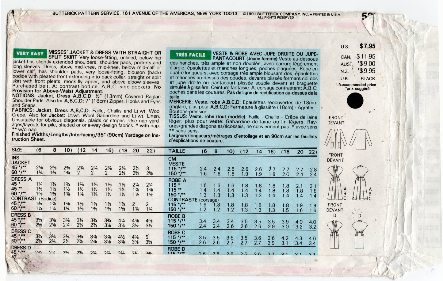 Patrón de costura vintage de los años 90 Butterick 5262 para vestido o mono con bloques de color y chaqueta, talla 12-16, sin cortar, doblado de fábrica