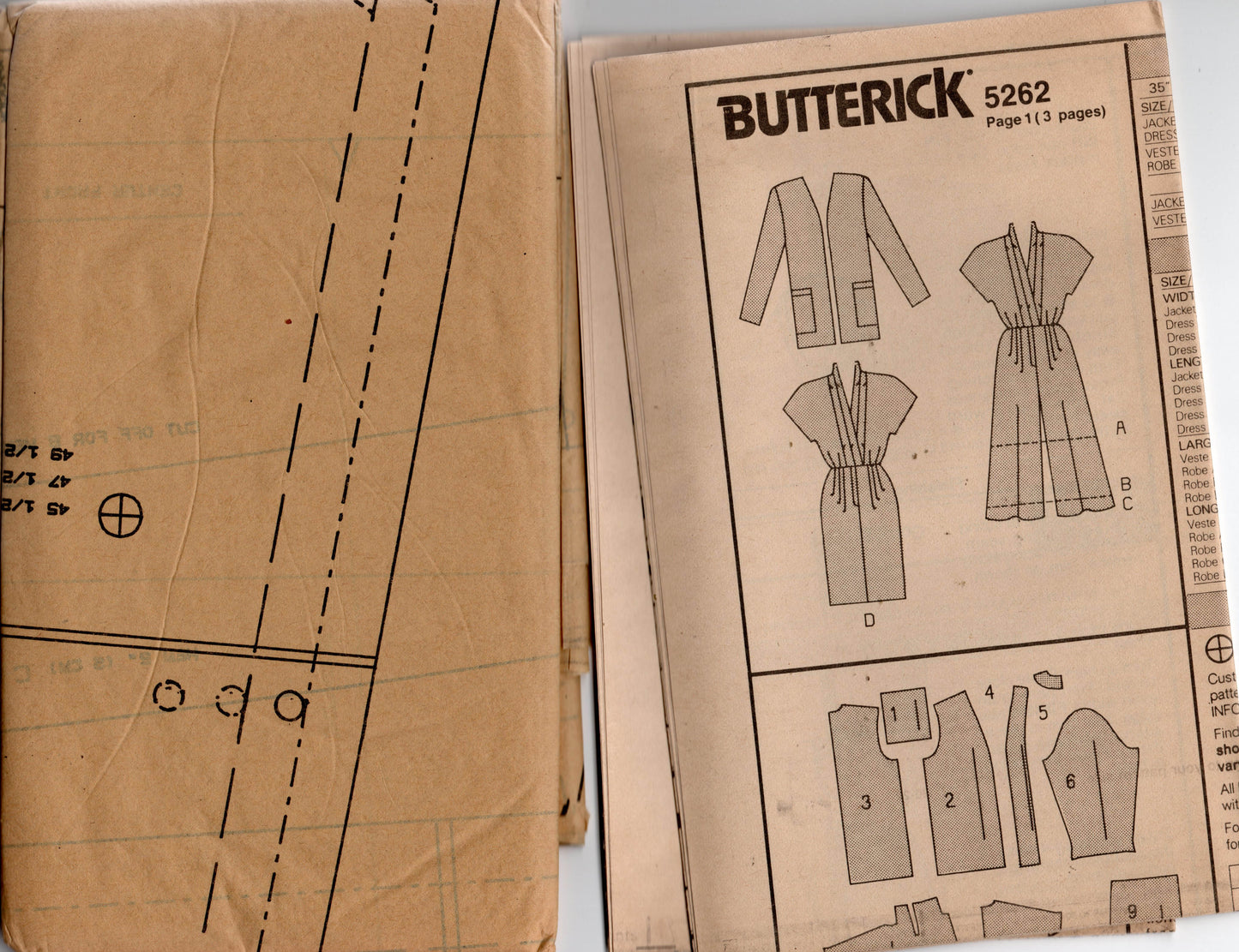 Patrón de costura vintage de los años 90 Butterick 5262 para vestido o mono con bloques de color y chaqueta, talla 12-16, sin cortar, doblado de fábrica
