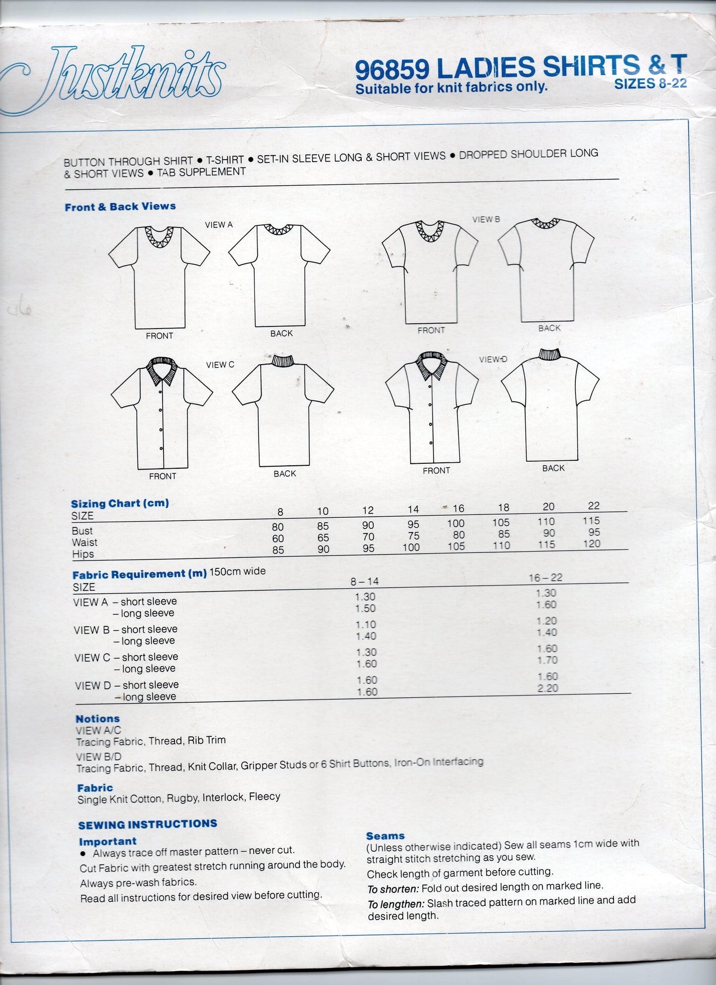 Justknits 96859 Womens Stretch Knit T Shirts & Tab Front Tops Size 8 - 22 UNCUT Factory Folded