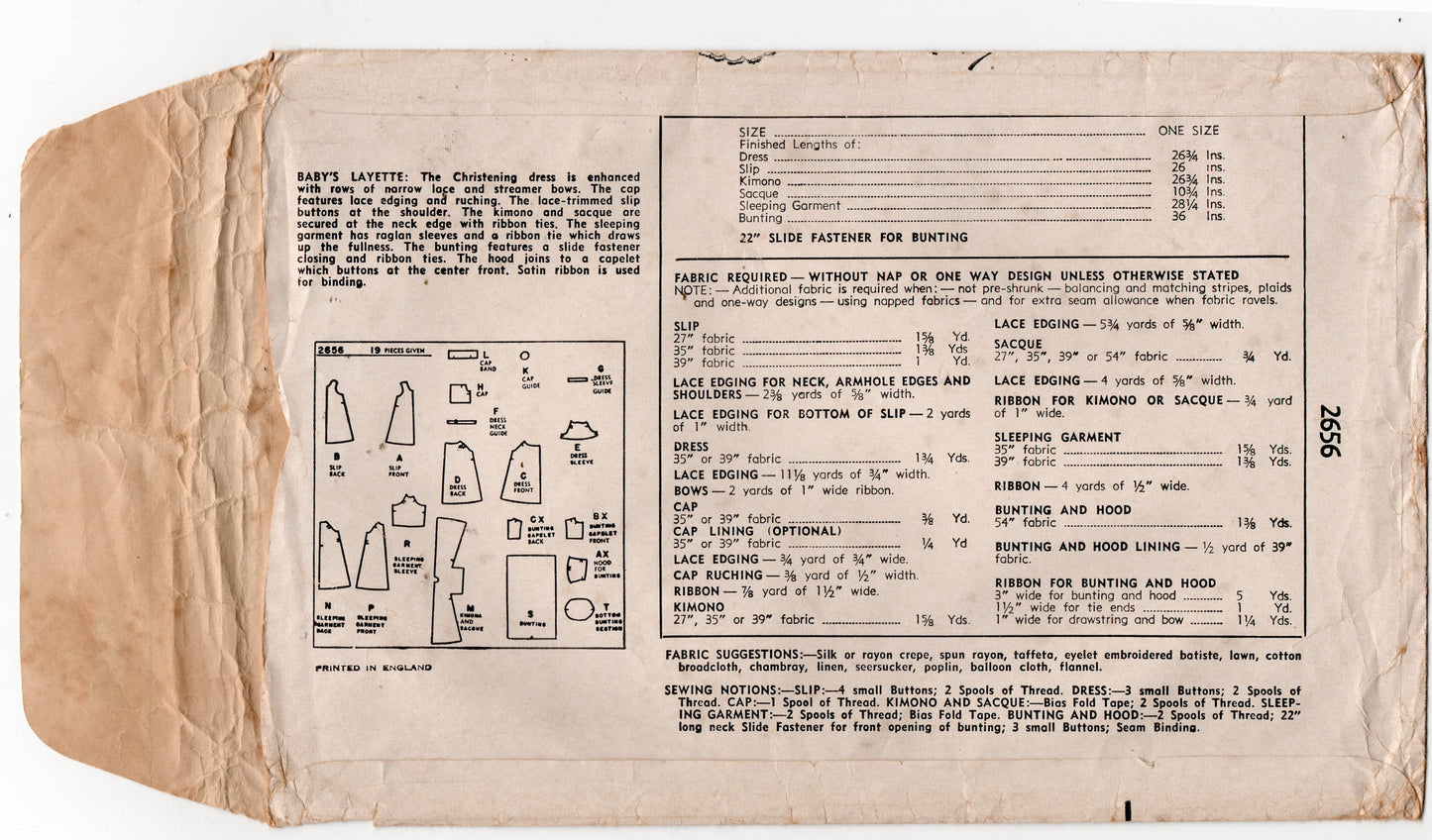 Simplicity 2656 Baby Christening Gown & Layette 1940s Vintage Sewing Pattern ONE SIZE