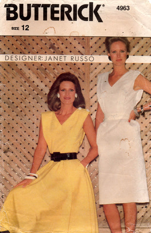 Butterick 4963 JANET RUSSO Womens Buttoned Shoulder Dress with Pockets 1980s Vintage Sewing Pattern Size 12 Bust 34 inches UNCUT Factory Folded