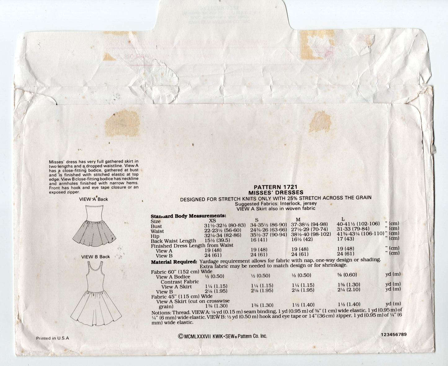 Patrón de costura vintage de los años 80 para vestido de cintura baja elástico con falda amplia Kwik Sew 1721, talla XS a L, sin cortar, doblado de fábrica