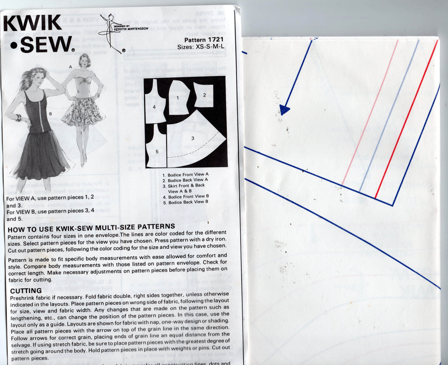 Patrón de costura vintage de los años 80 para vestido de cintura baja elástico con falda amplia Kwik Sew 1721, talla XS a L, sin cortar, doblado de fábrica