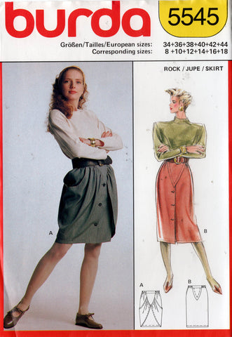 Burda 5545 Womens High Waisted Draped Skirt 1980s Vintage Sewing Pattern Sizes 8 - 18 UNCUT Factory Folded