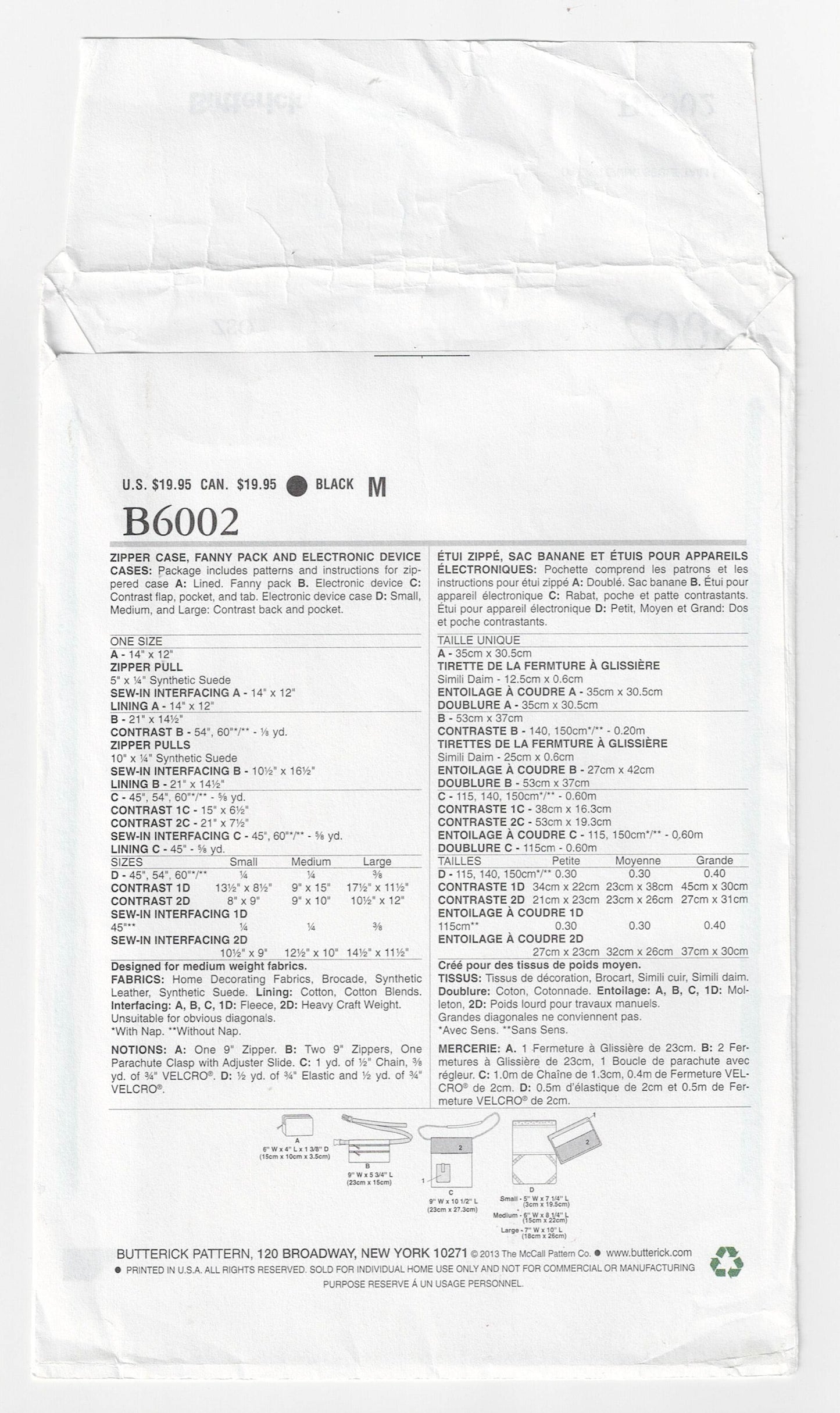 Butterick 6002 Zipper Bags Electronic Device Cases Out Of Print Sewing Pattern UNCUT Factory Folded