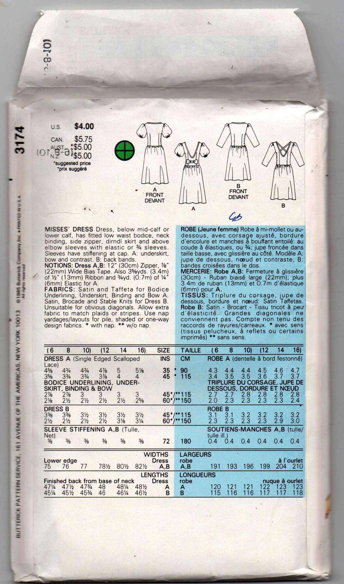 Butterick 3174 Womens Drop Waisted V Back Evening Bridesmaids Prom Dress with Puff or Long Sleeves 1980s Vintage Sewing Pattern Size 6 - 10 UNCUT Factory Folded