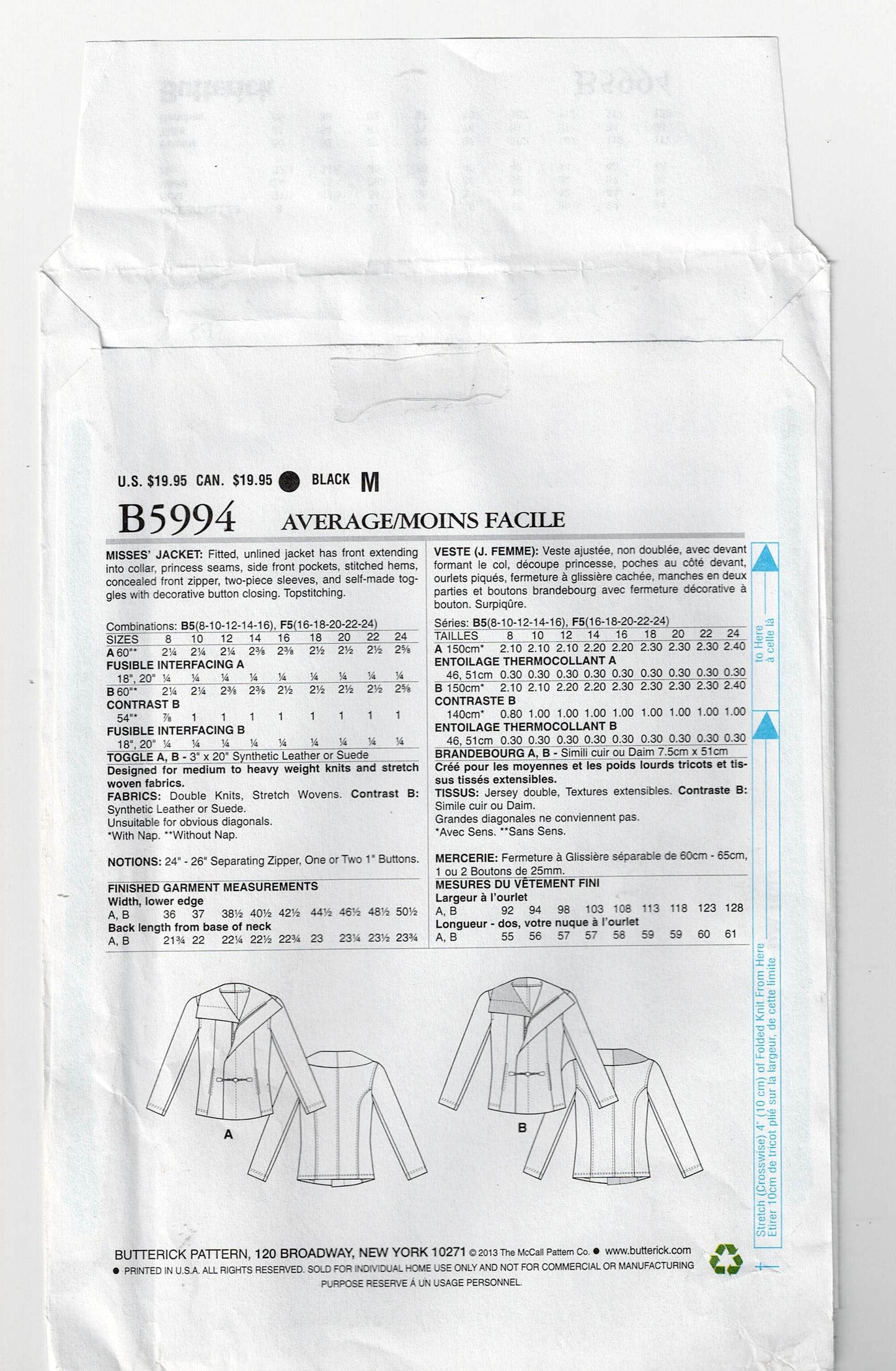 Butterick 5994 KATHERINE TILTON Womens Asymmetric Wide Collar Jackets with Pockets Out Of Print Sewing Pattern Sizes 16 - 24 UNCUT Factory Folded