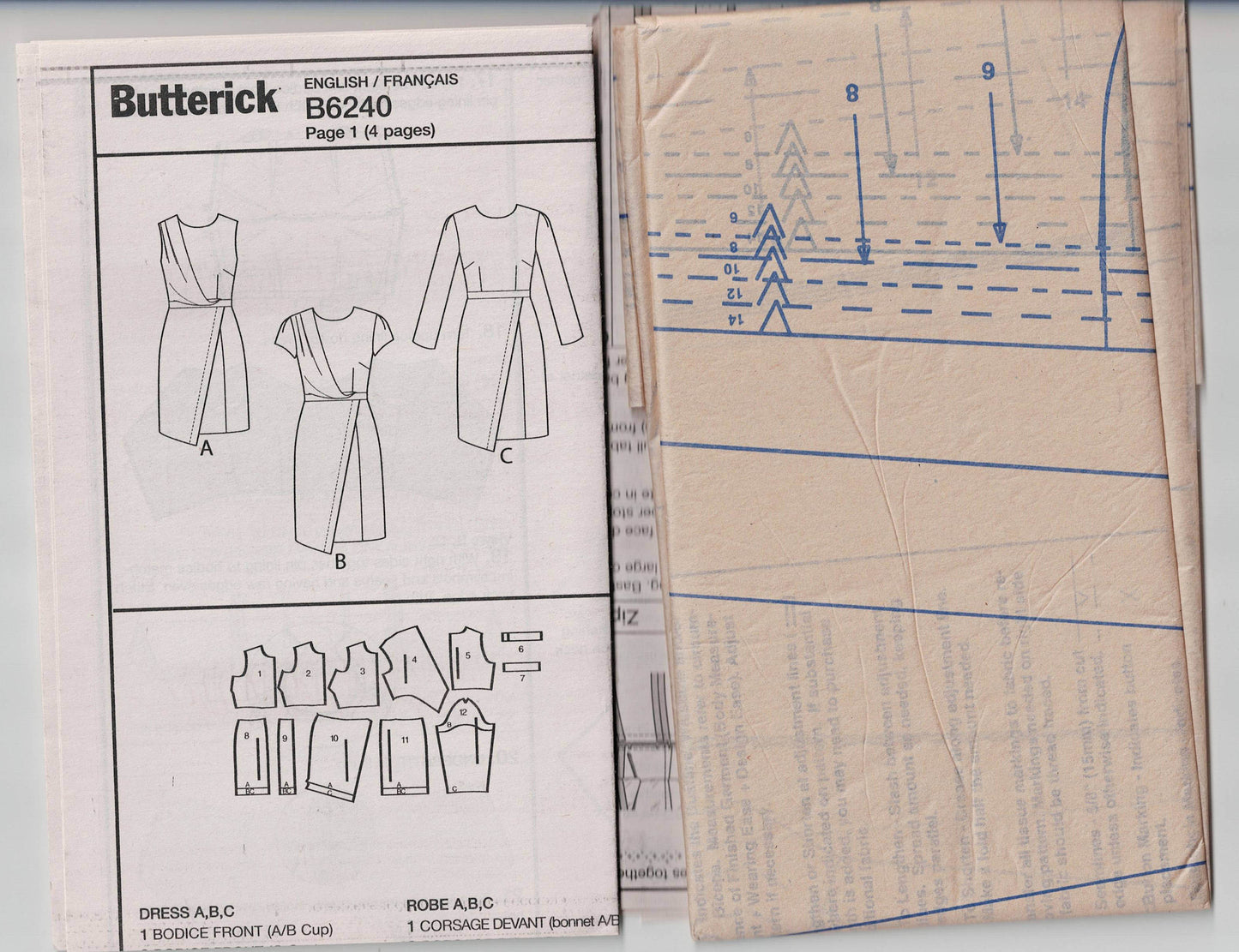 Butterick 6240 Womens Asymmetric Draped Bodice Dress Out Of Print Sewing Pattern Sizes 6 - 14 UNCUT Factory Folded