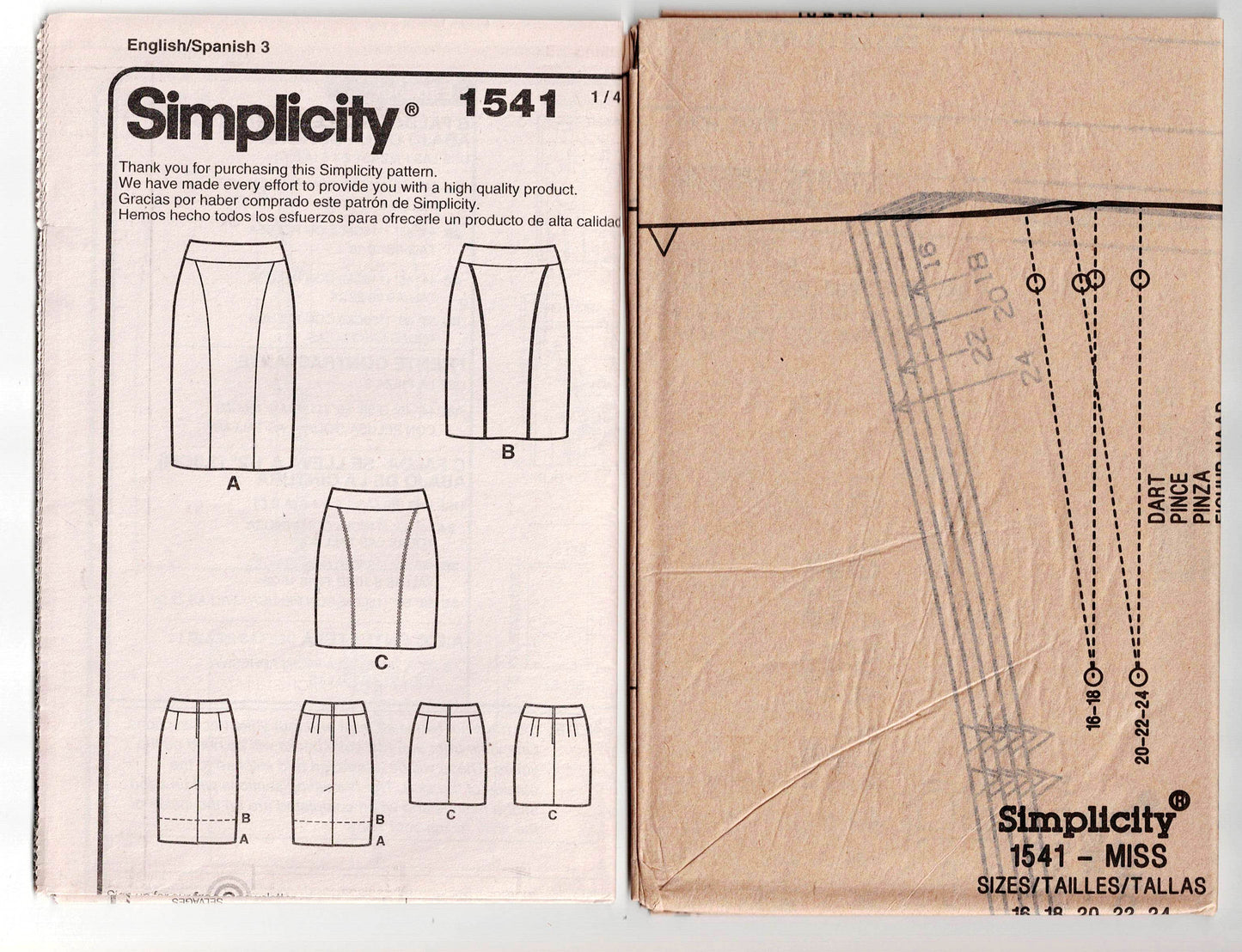 Simplicity 1541 AMAZING FIT Womens Princess Seamed Pencil Skirt Out Of Print Sewing Pattern Size 16 - 24 UNCUT Factory Folded