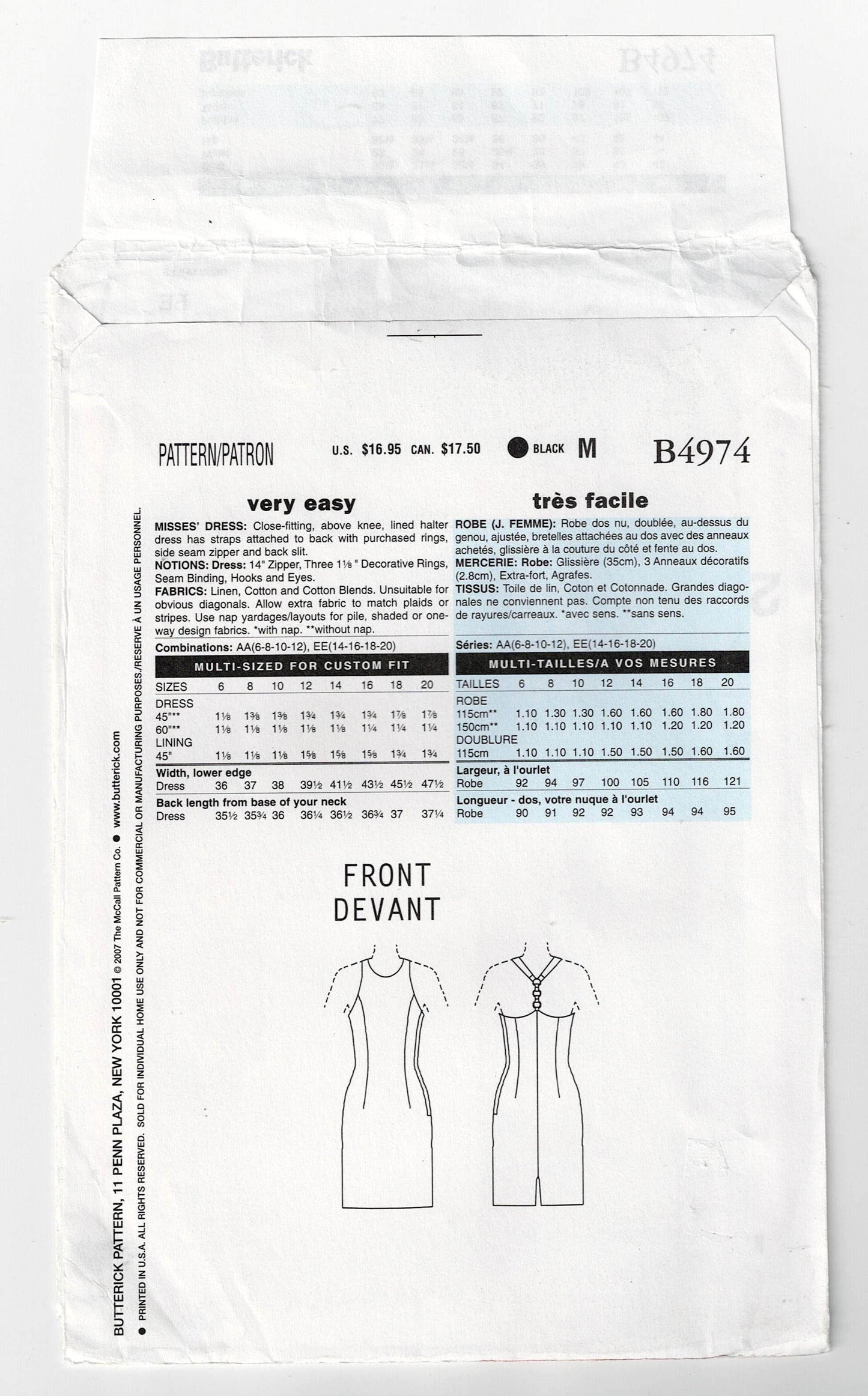 Butterick 4974 MUSE Womens Sheath Dress with Halter & Ring Trim Out Of Print Sewing Pattern Size 14 - 20 UNCUT Factory Folded
