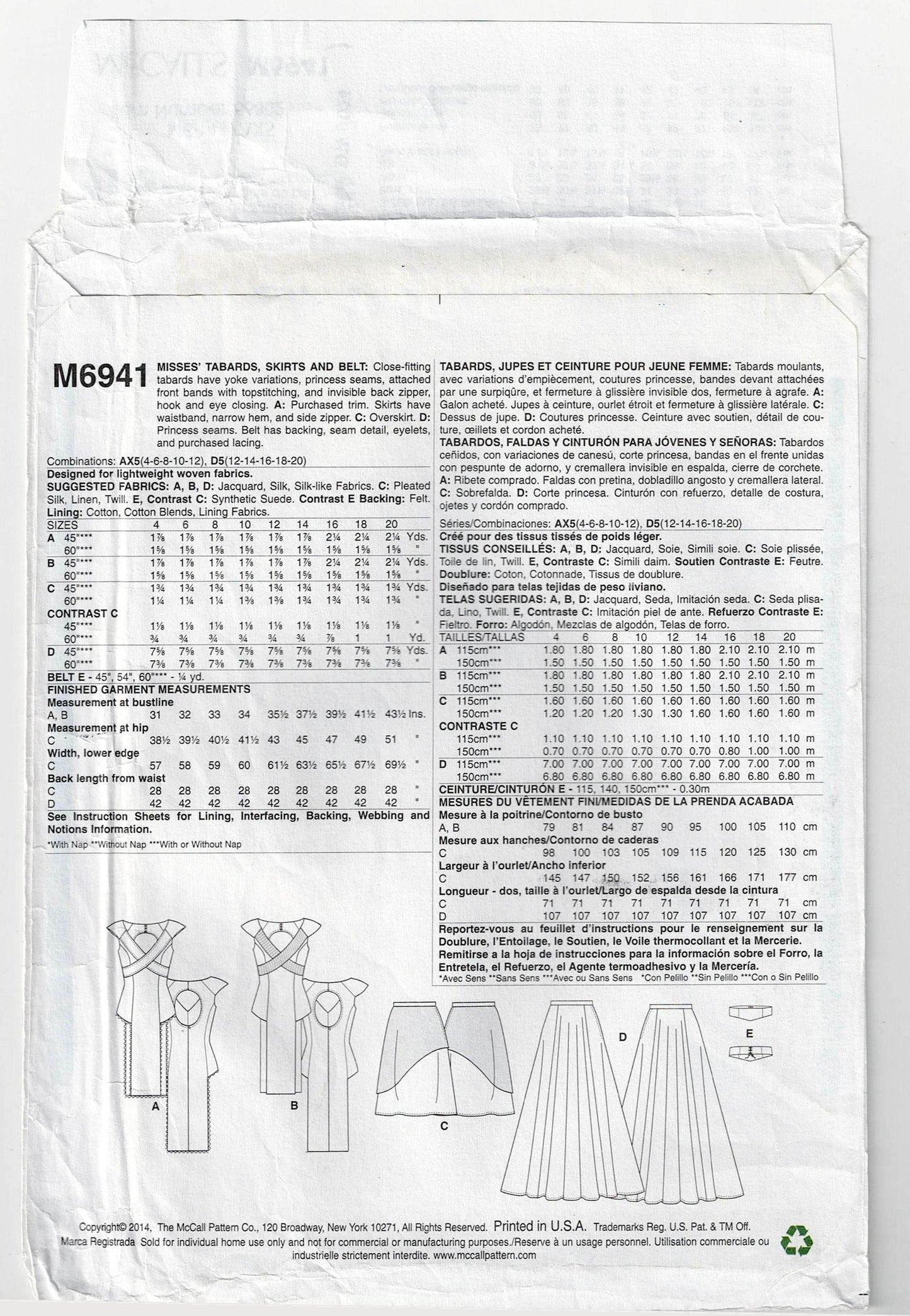 McCall's 6941 Womens Costume with Tabard Skirt & Belt Out Of Print Sewing Pattern Size 4 - 12 UNCUT Factory Folded