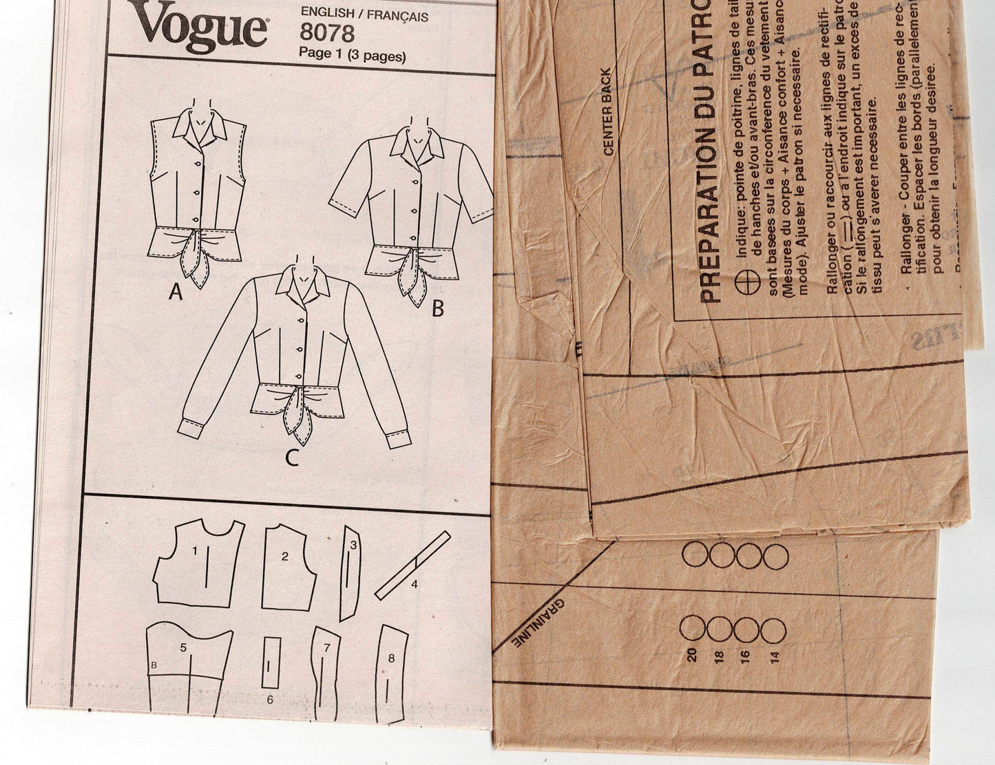 Very Easy Vogue 8078 Womens Blouse with Front Tied Peplum Out Of Print Sewing Pattern Size 12 - 16 UNCUT Factory Folded