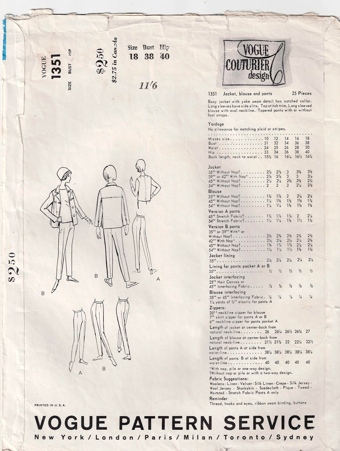 Vogue Couturier Design 1351 EMILIO PUCCI Womens Boxy Jacket Top & Capri Pants 1960s Vintage Sewing Pattern Size 18 Bust 38 Inches