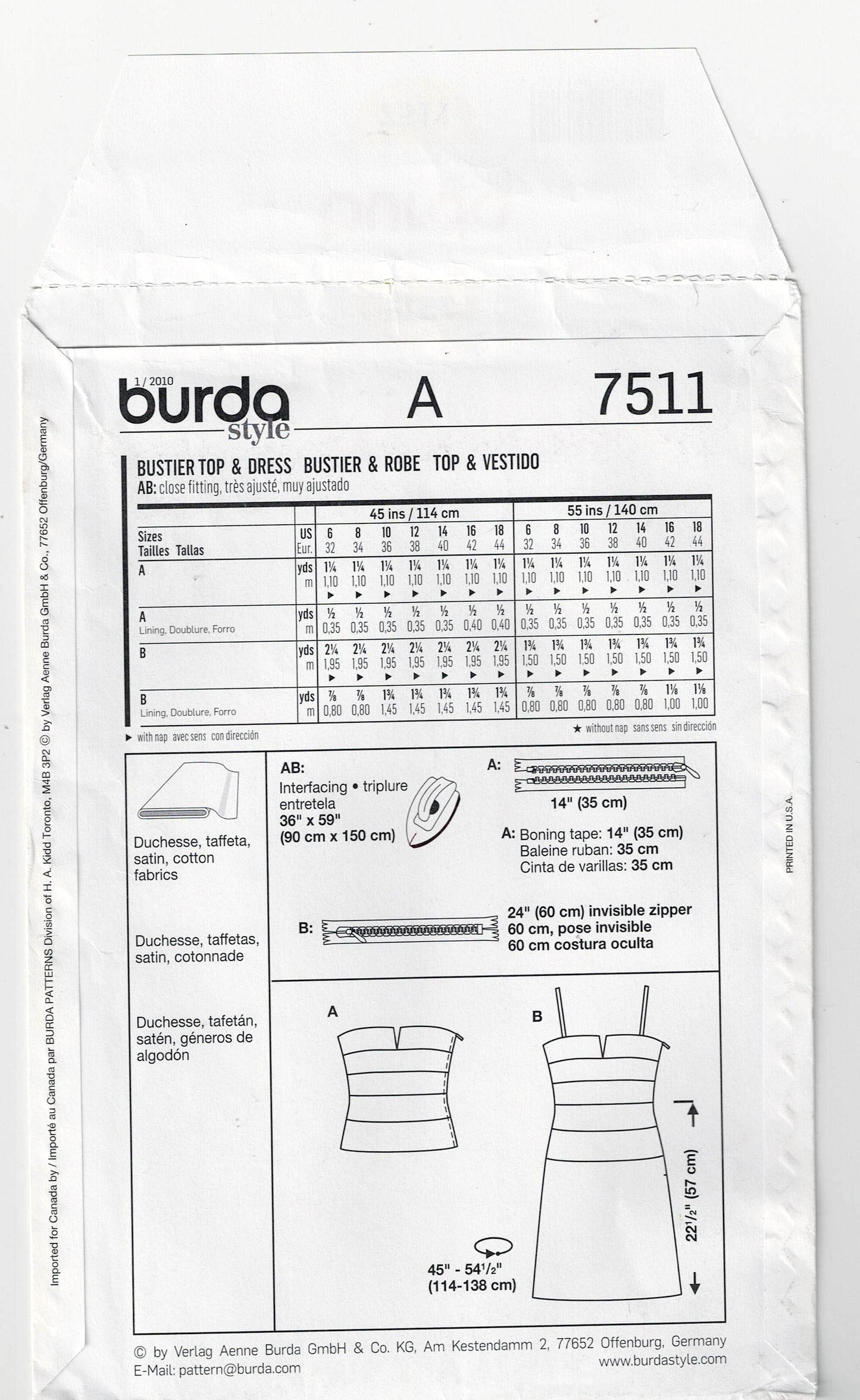 Burda Style 7511 Womens Bustier Top & Dress Out Of Print Sewing Pattern Sizes 6 - 18 UNCUT Factory Folded