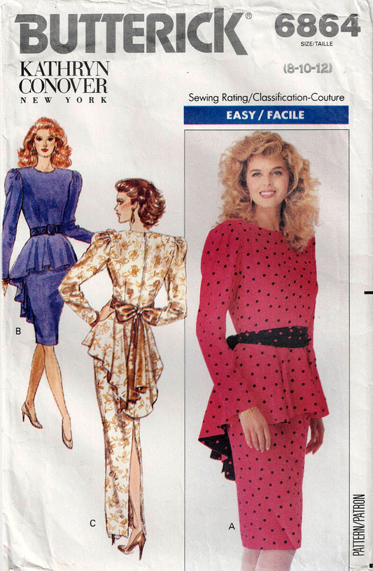 Patrón de costura vintage de los años 80 para vestido de noche con peplum de Butterick 6864 KATHRYN CONOVER, para mujer, talla 8-12