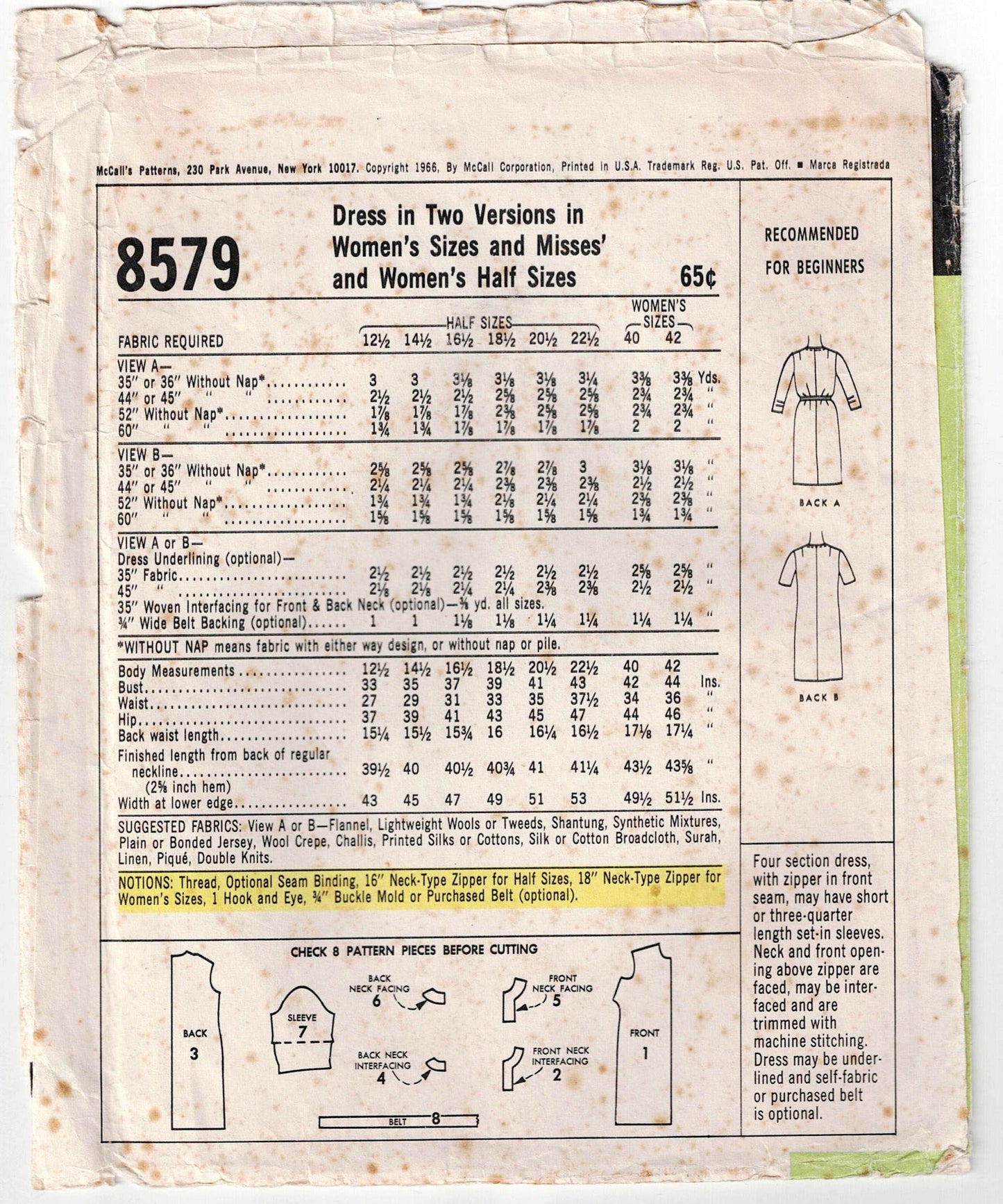 McCall's 8579 Womens EASY Half Sized Shift Dress 1960s Vintage Sewing Pattern Bust 35 Inches