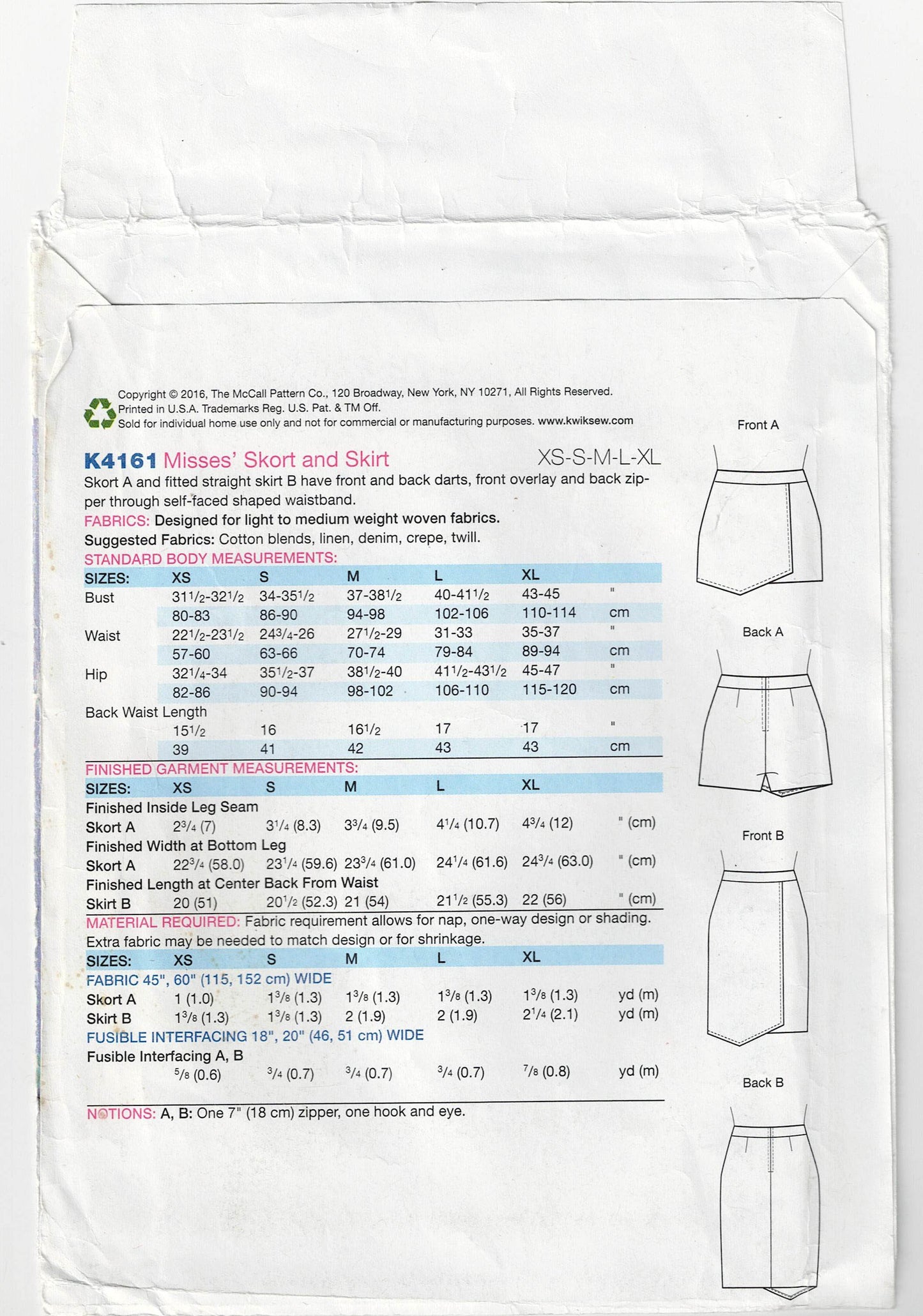 Kwik Sew 4161 Womens Asymmetric Skort & Wrap Skirt Out Of Print Sewing Pattern Size XS - XL UNCUT Factory Folded