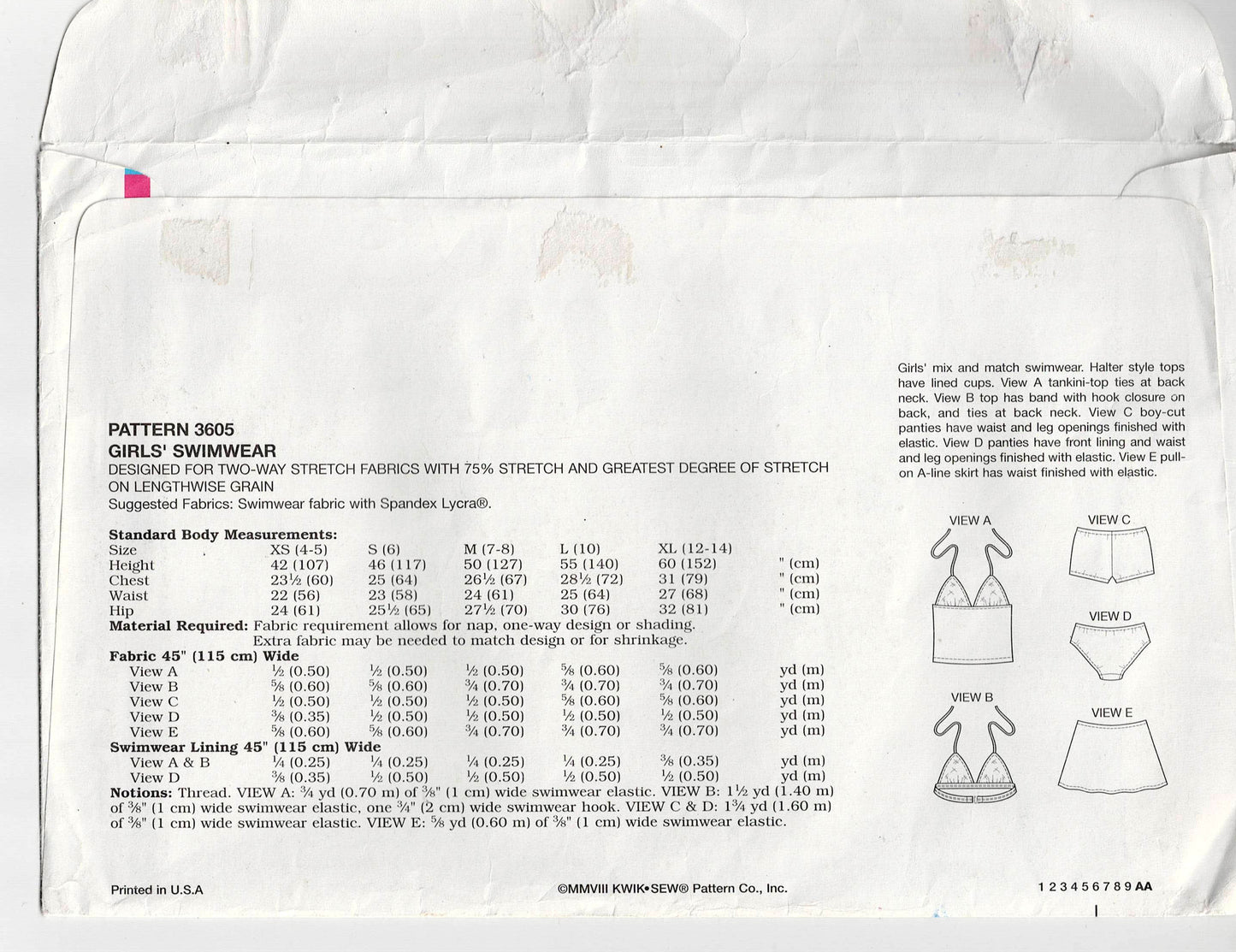 Trajes de baño de bikini elásticos para niñas Kwik Sew 3605, patrones de costura agotados, mezcla y combina, talla 4 a 14, sin cortar, doblado de fábrica