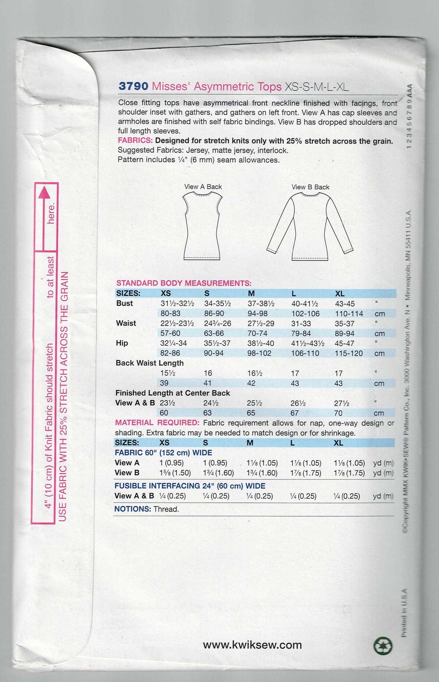 Kwik Sew 3790 Womens Stretch Knit Asymmetric Tops Out Of Print Sewing Pattern Size XS - XL UNCUT Factory Folded