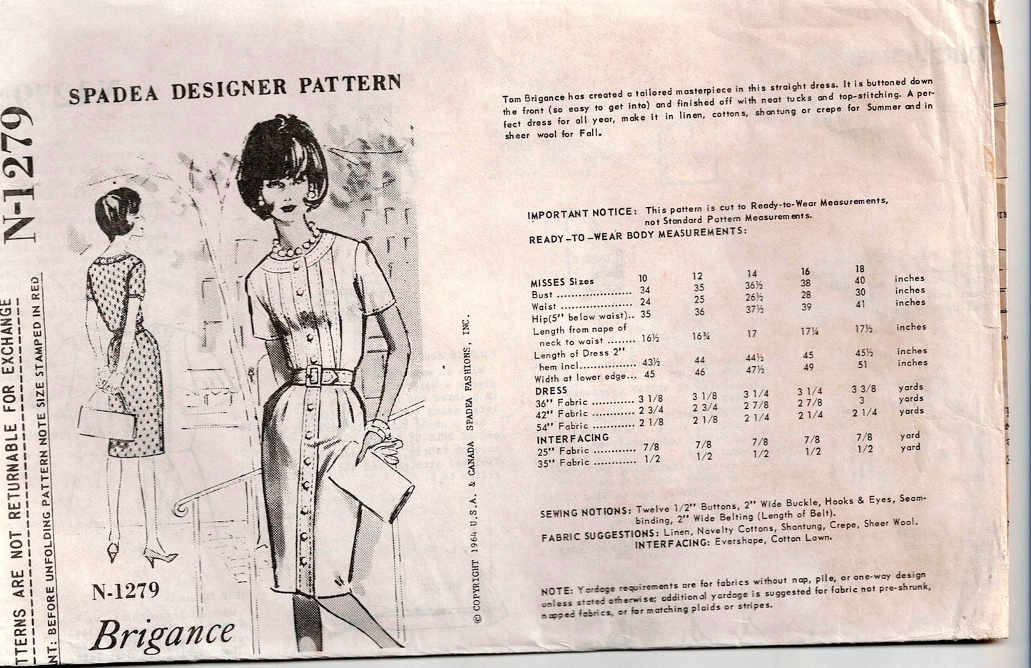 Spadea N-1279 TOM BRIGANCE Womens Tailored Slim Dress 1960s Vintage Sewing Pattern Bust 38 Inches UNUSED Factory Folded