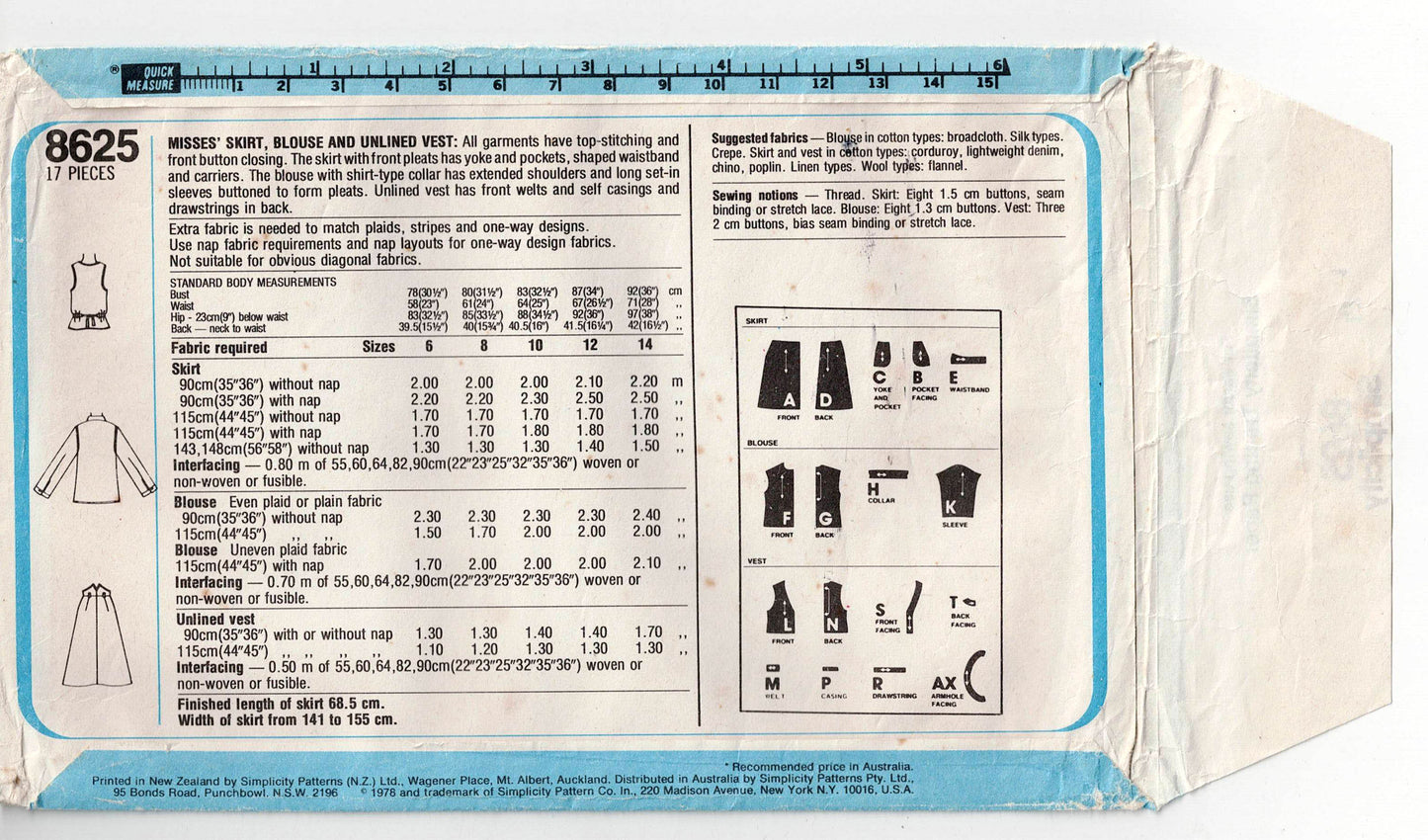 Patrón de costura vintage de los años 70 para mujer, falda, blusa y chaleco, Simplicity 8625, talla 14, busto de 36 pulgadas, sin cortar, doblado de fábrica