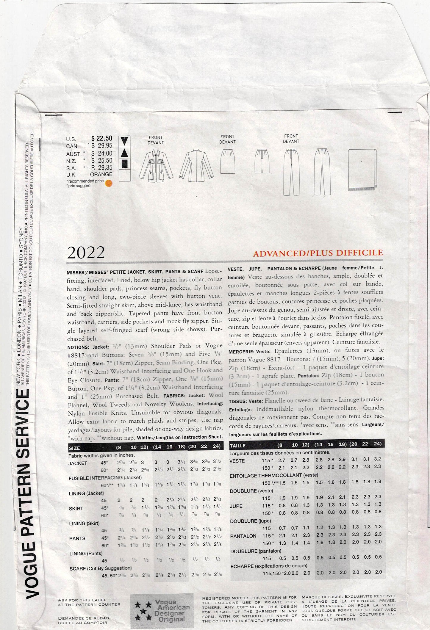 Patrón de costura vintage de los años 90 para chaqueta, falda, pantalones y bufanda para mujer de la diseñadora estadounidense Vogue 2022 ANNE KLEIN II, talla 20-24, sin cortar, doblado de fábrica