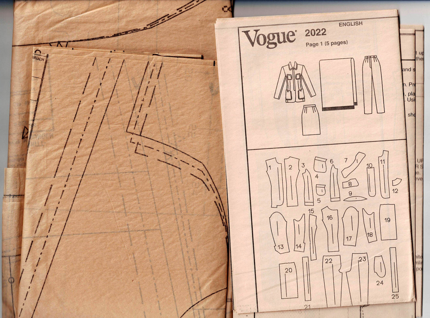 Patrón de costura vintage de los años 90 para chaqueta, falda, pantalones y bufanda para mujer de la diseñadora estadounidense Vogue 2022 ANNE KLEIN II, talla 20-24, sin cortar, doblado de fábrica