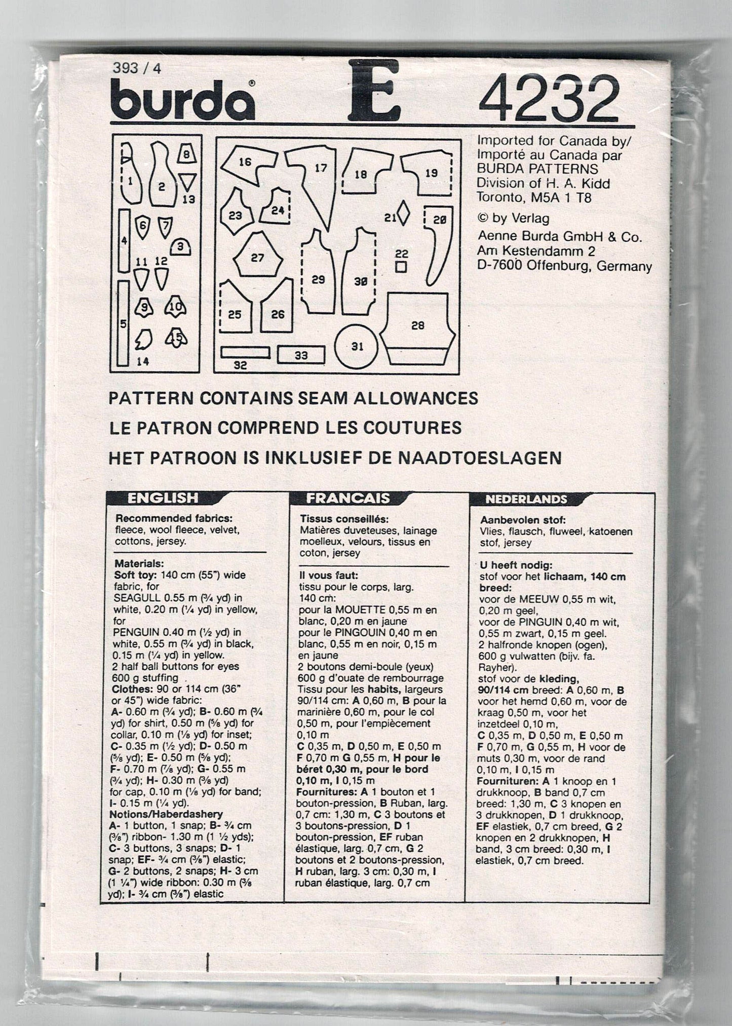 Burda 4232 Stuffed Seagull & Penguin 1980s Vintage Sewing Pattern UNCUT Factory Folded