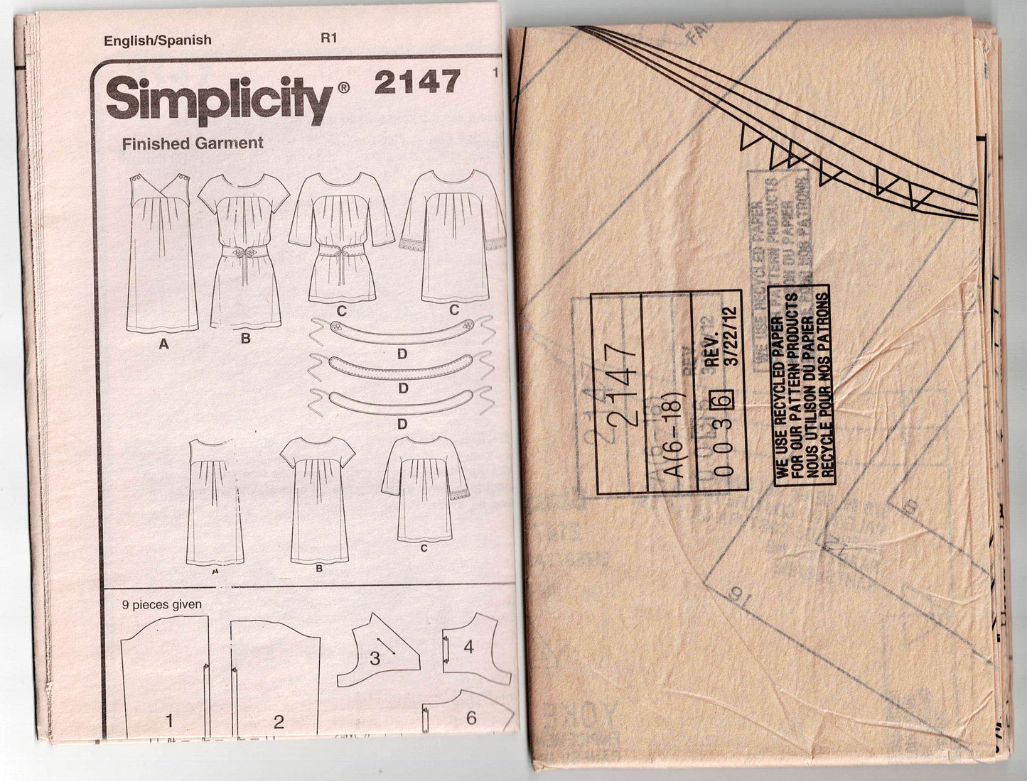 Patrón de costura para vestido tipo túnica o minivestido para mujer Simplicity 2147, fácil de usar, fuera de impresión, talla 6-18, sin cortar, doblado de fábrica