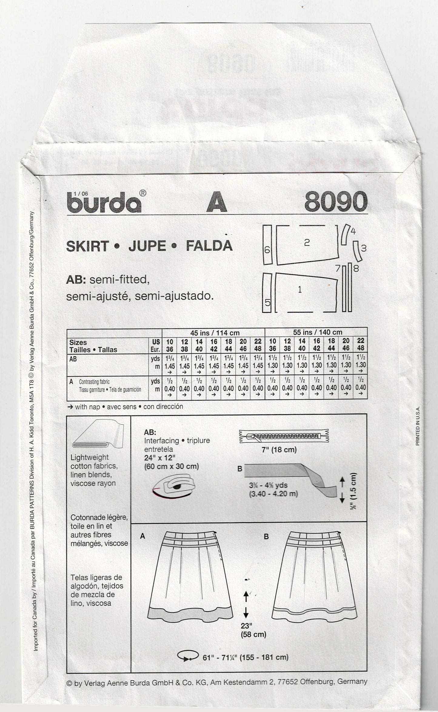 Burda 8090 Womens Hipster Skirts Out Of Print Sewing Pattern Sizes 10 - 22 UNCUT Factory Folded