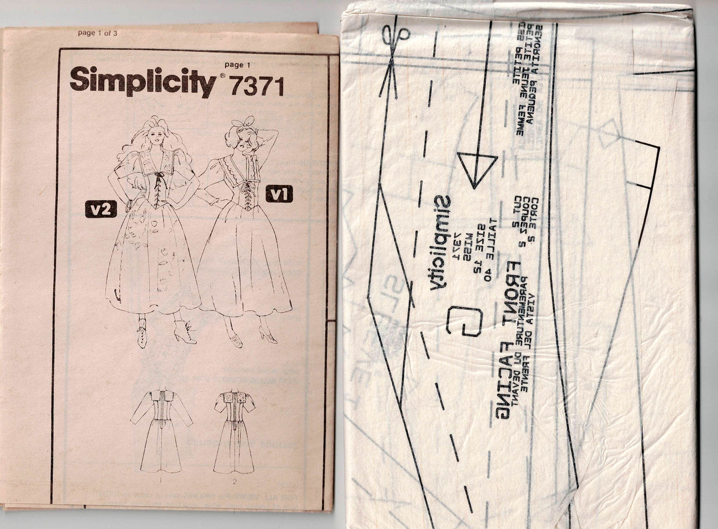 Patrón de costura vintage de los años 80 Simplicity 7371 GUNNE SAX para vestido de cintura baja con corpiño con encaje en la parte delantera para mujer, talla 12, busto de 34 pulgadas, sin cortar, doblado de fábrica
