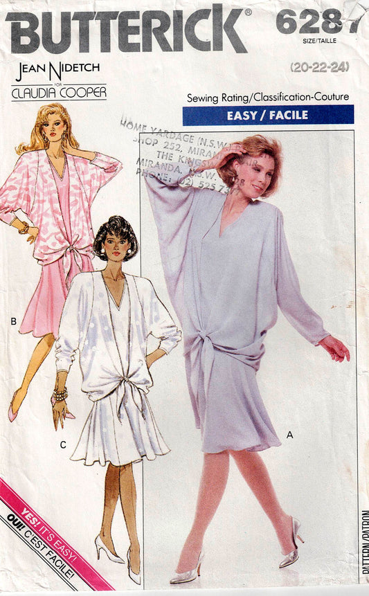 Patrón de costura vintage de los años 80 Butterick 6287 JEAN NIDETCH para vestido de noche de mujer con cintura caída y lazo superpuesto, talla 20-24, sin cortar, doblado de fábrica