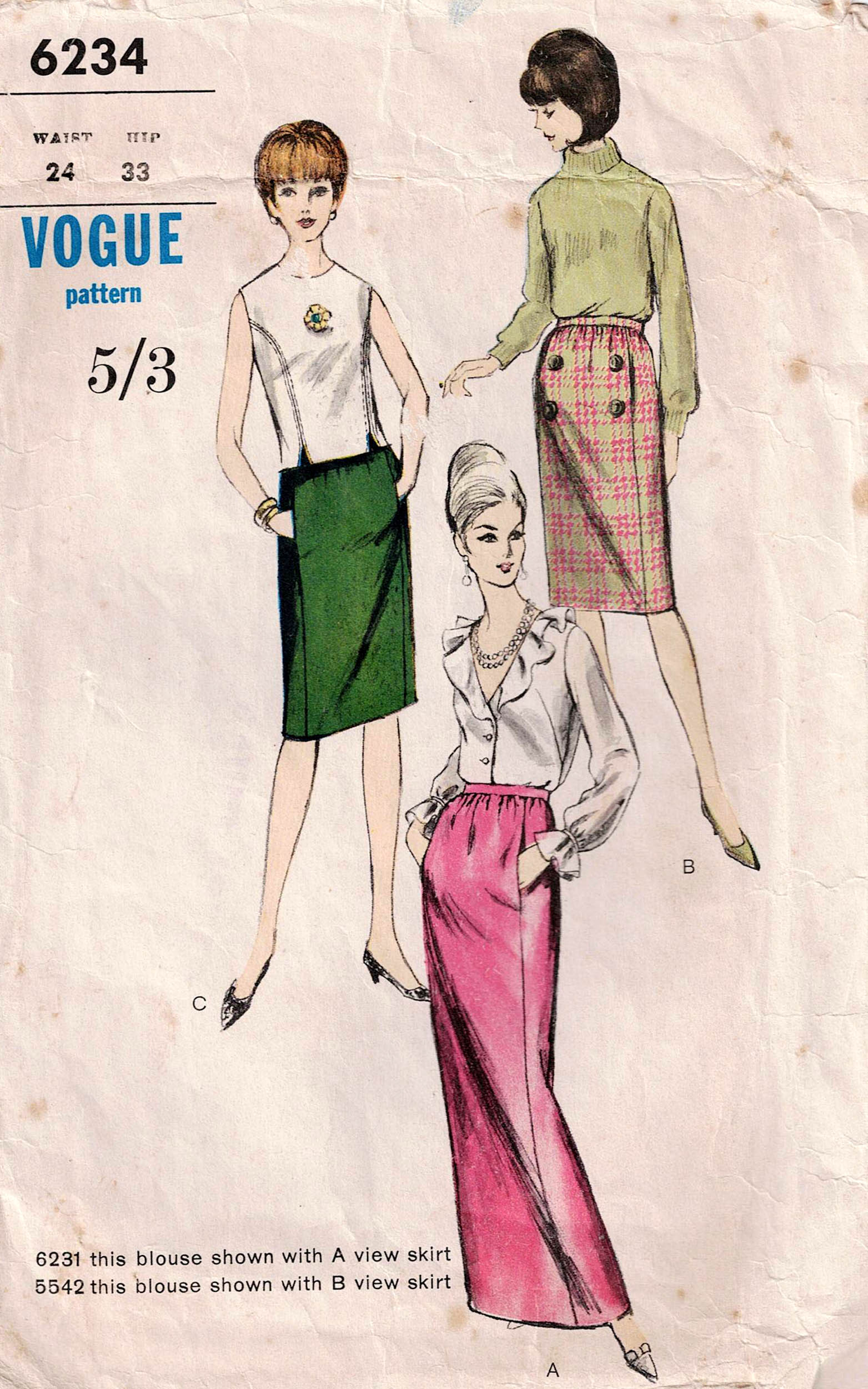 Vogue 6234 Womens Pencil Skirts 1960s Vintage Sewing Pattern Waist
