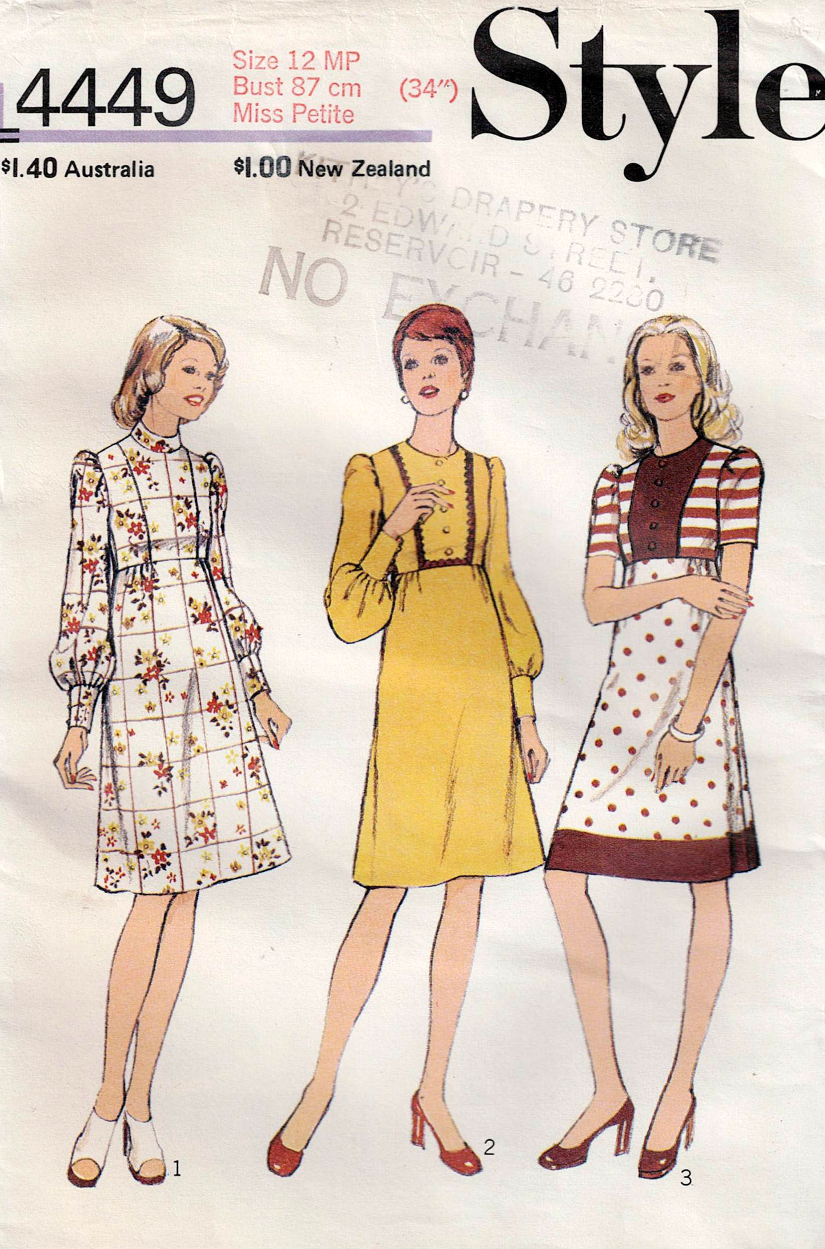 Style 4449 Misses Petite Empire Waist Dress 1970s Vintage Sewing
