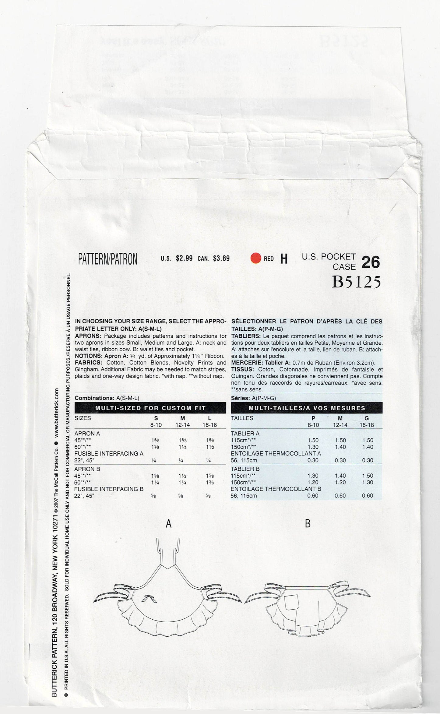 Butterick See & Sew 5125 Womens Ruffled Kitchen Aprons Out Of Print Sewing Pattern Size S/M/L UNCUT Factory Folded