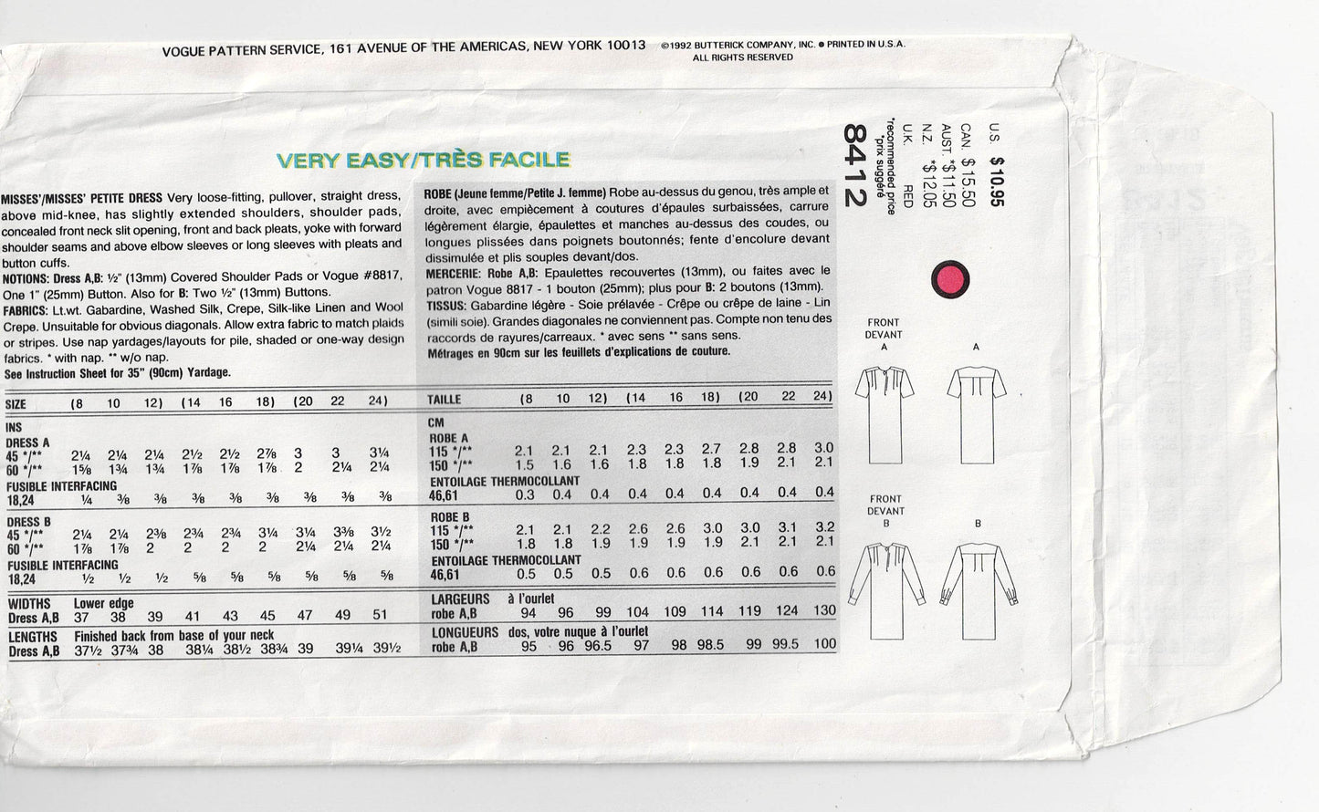 Vogue 8412 Womens Straight Dress with Pleated Shoulders 1990s Vintage Sewing Pattern Size 14 - 18 UNCUT Factory Folded