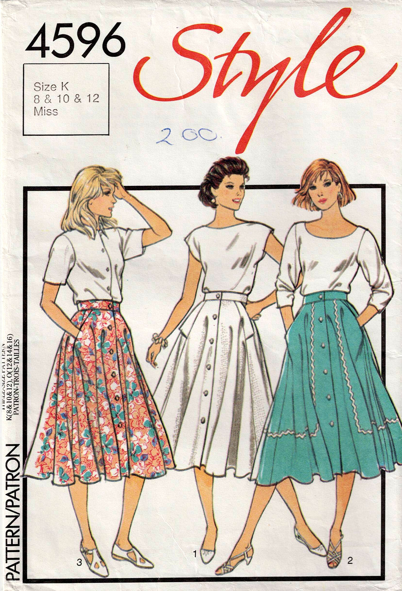 Style 4596 Womens Button Front Circle Skirts with Pockets 1980s Vintage Sewing Pattern Size 8 12 UNCUT Factory Folded