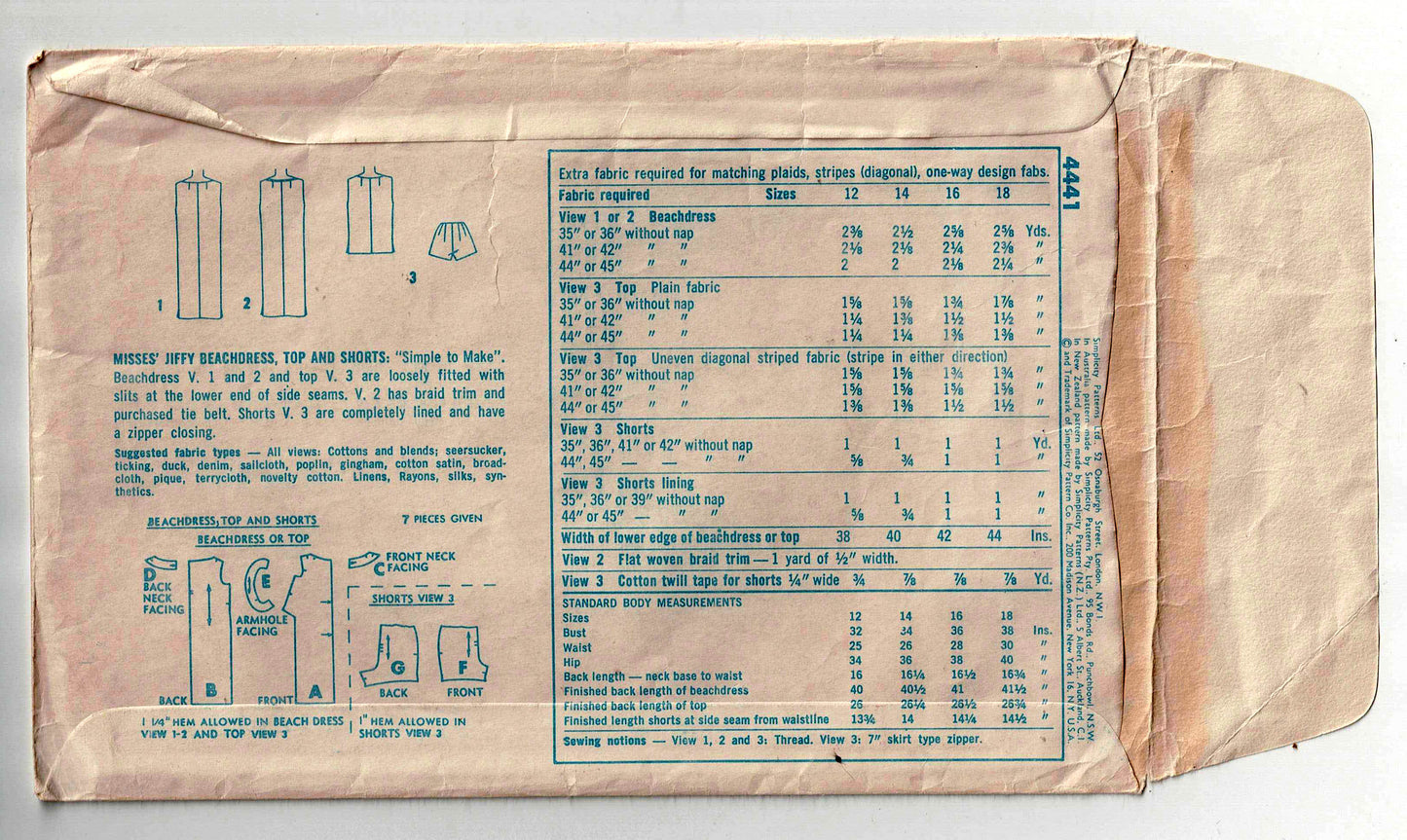 Simplicity 4441 JIFFY Womens Beach Dress Top & Shorts 1960s Vintage Sewing Pattern Size 14 Bust 34 inches UNUSED Factory Folded